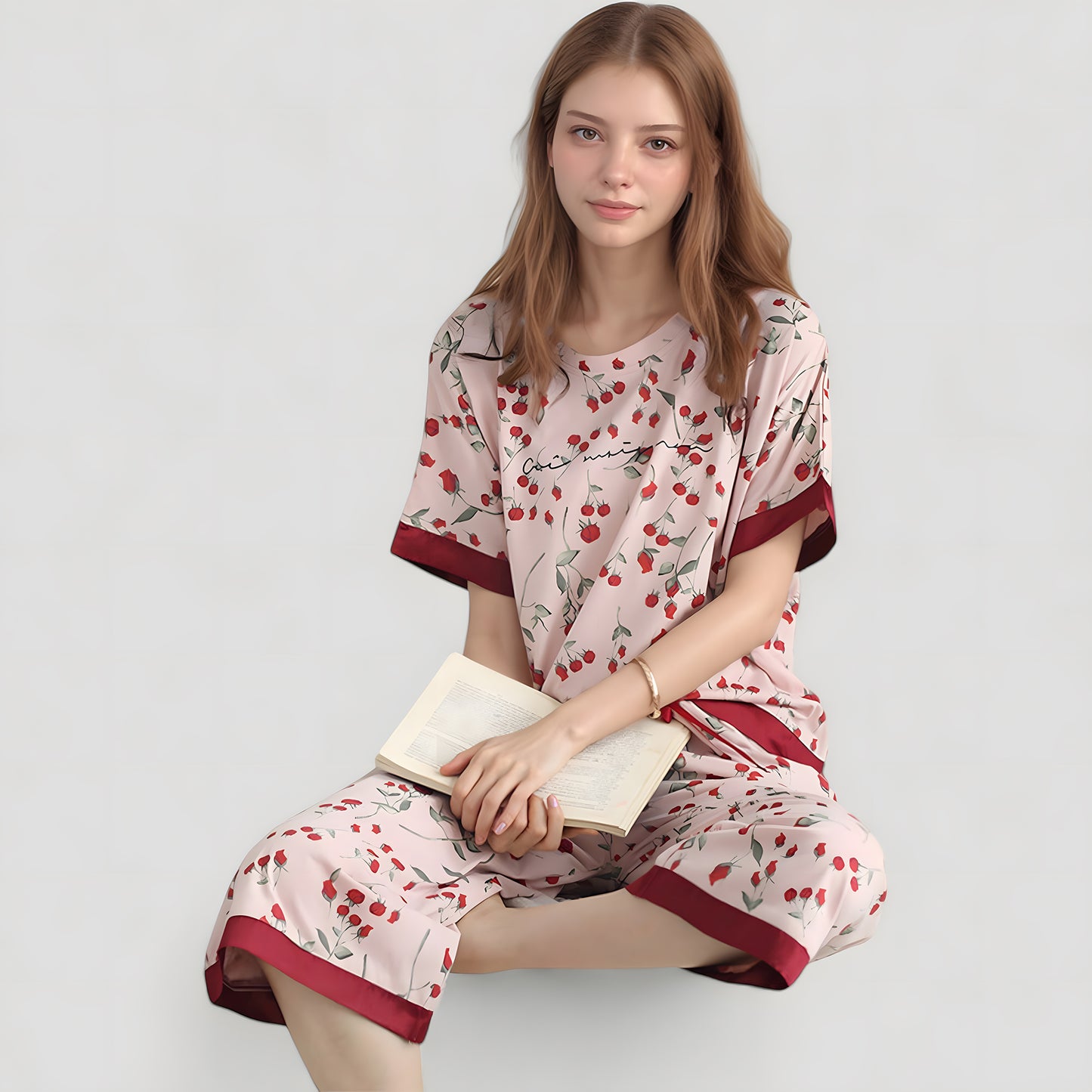 Anna-Kaci Lounge Women's Cherry Print Satin Pajama Set with Short Sleeve Top and Cropped Drawstring Pants