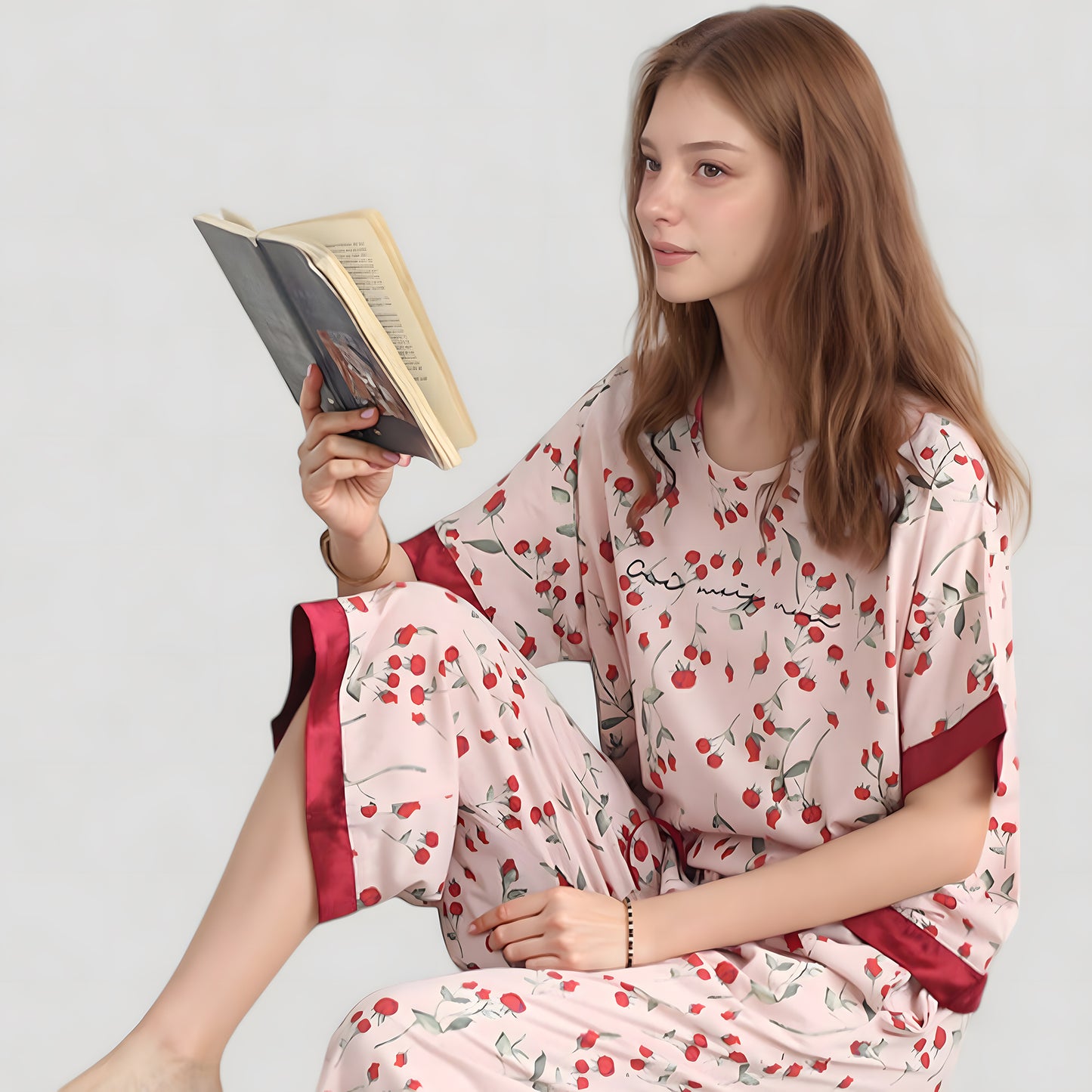 Anna-Kaci Lounge Women's Cherry Print Satin Pajama Set with Short Sleeve Top and Cropped Drawstring Pants