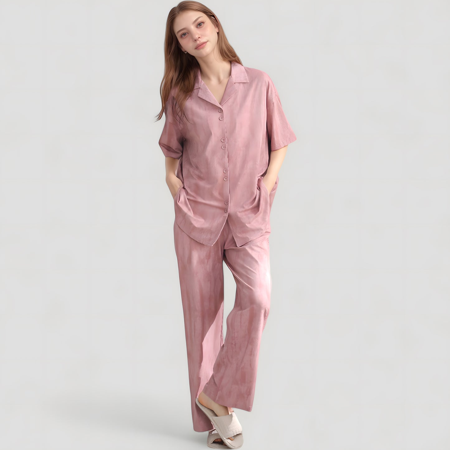 Anna-Kaci Lounge Women's Satin Pajama Set with Short Sleeve Button-Up Top and Wide Leg Pants
