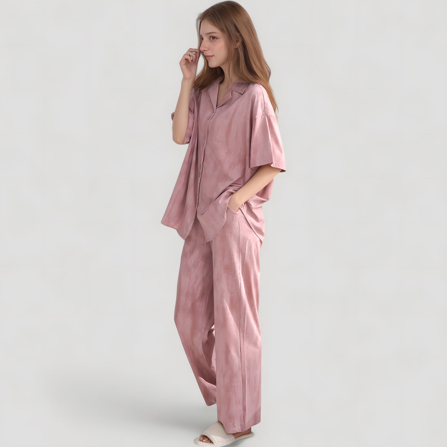 Anna-Kaci Lounge Women's Satin Pajama Set with Short Sleeve Button-Up Top and Wide Leg Pants