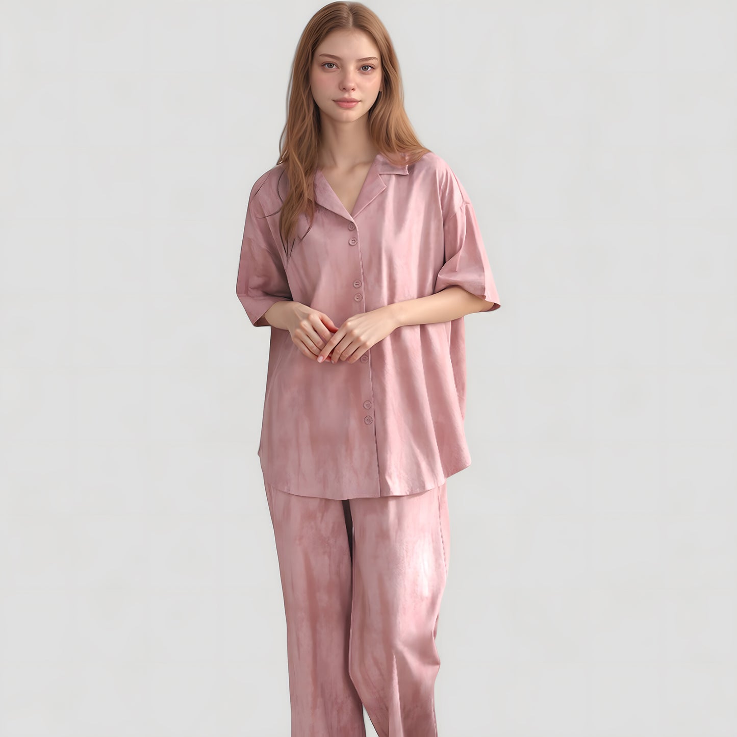 Anna-Kaci Lounge Women's Satin Pajama Set with Short Sleeve Button-Up Top and Wide Leg Pants