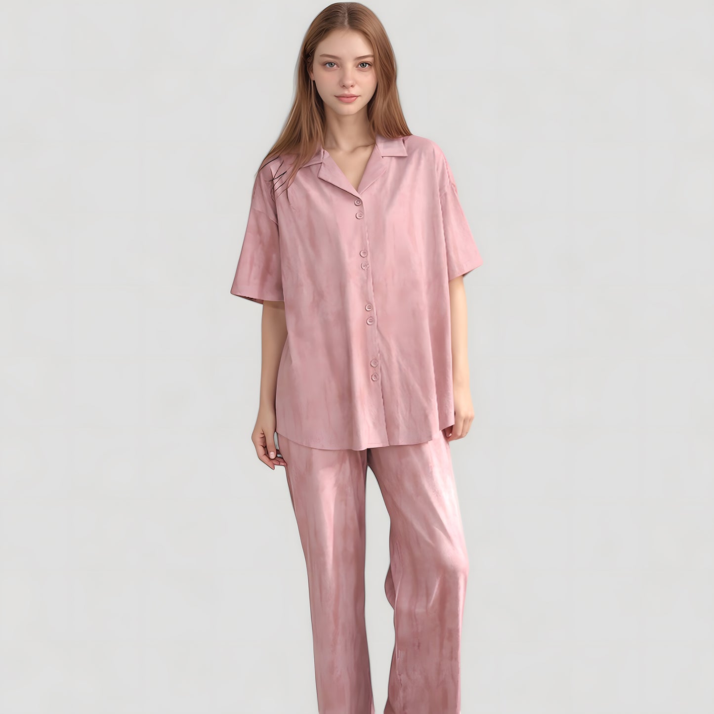 Anna-Kaci Lounge Women's Satin Pajama Set with Short Sleeve Button-Up Top and Wide Leg Pants