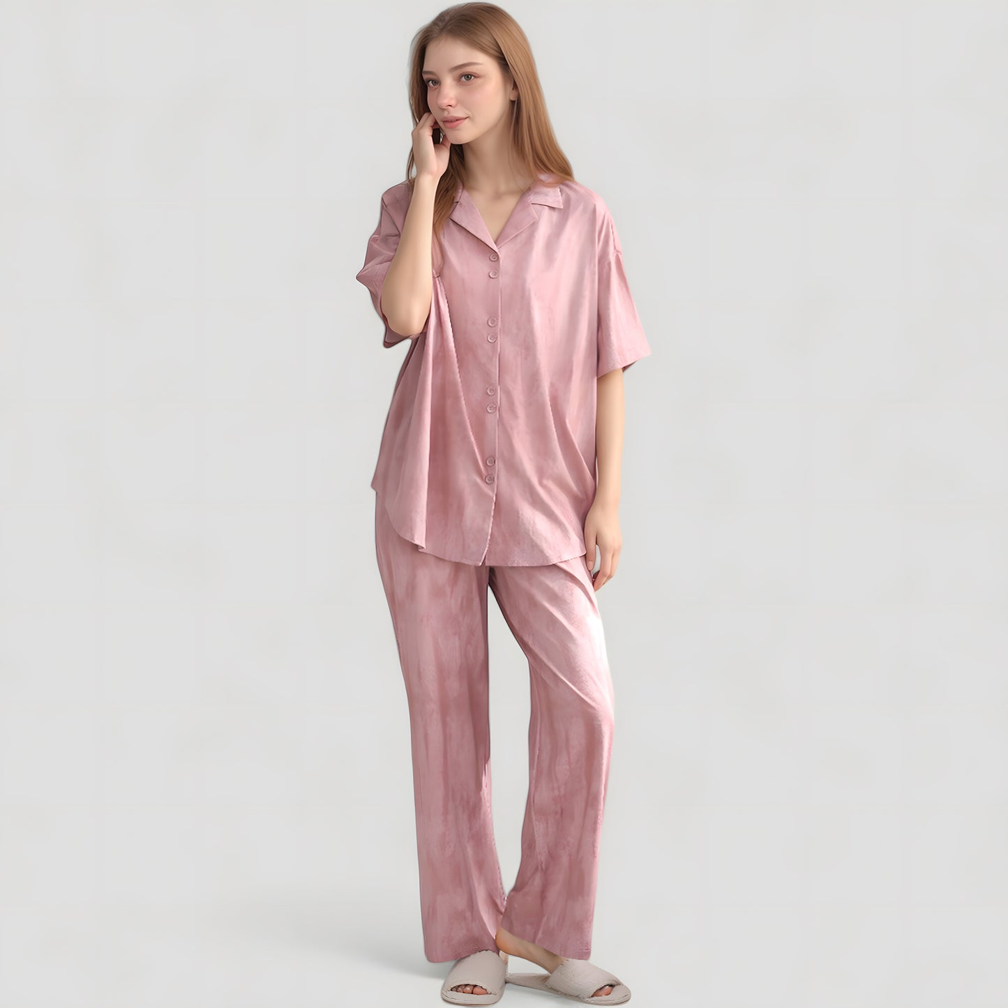 Anna-Kaci Lounge Women's Satin Pajama Set with Short Sleeve Button-Up Top and Wide Leg Pants