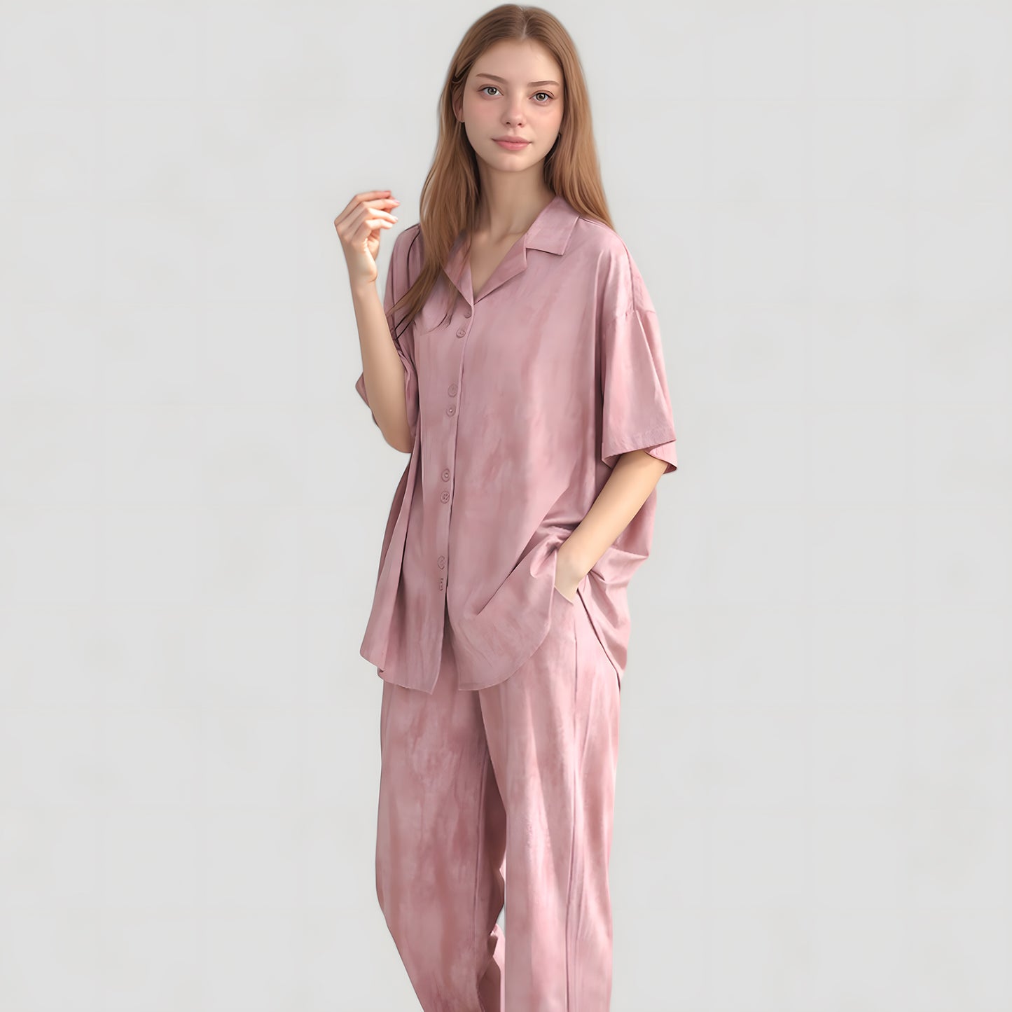 Anna-Kaci Lounge Women's Satin Pajama Set with Short Sleeve Button-Up Top and Wide Leg Pants