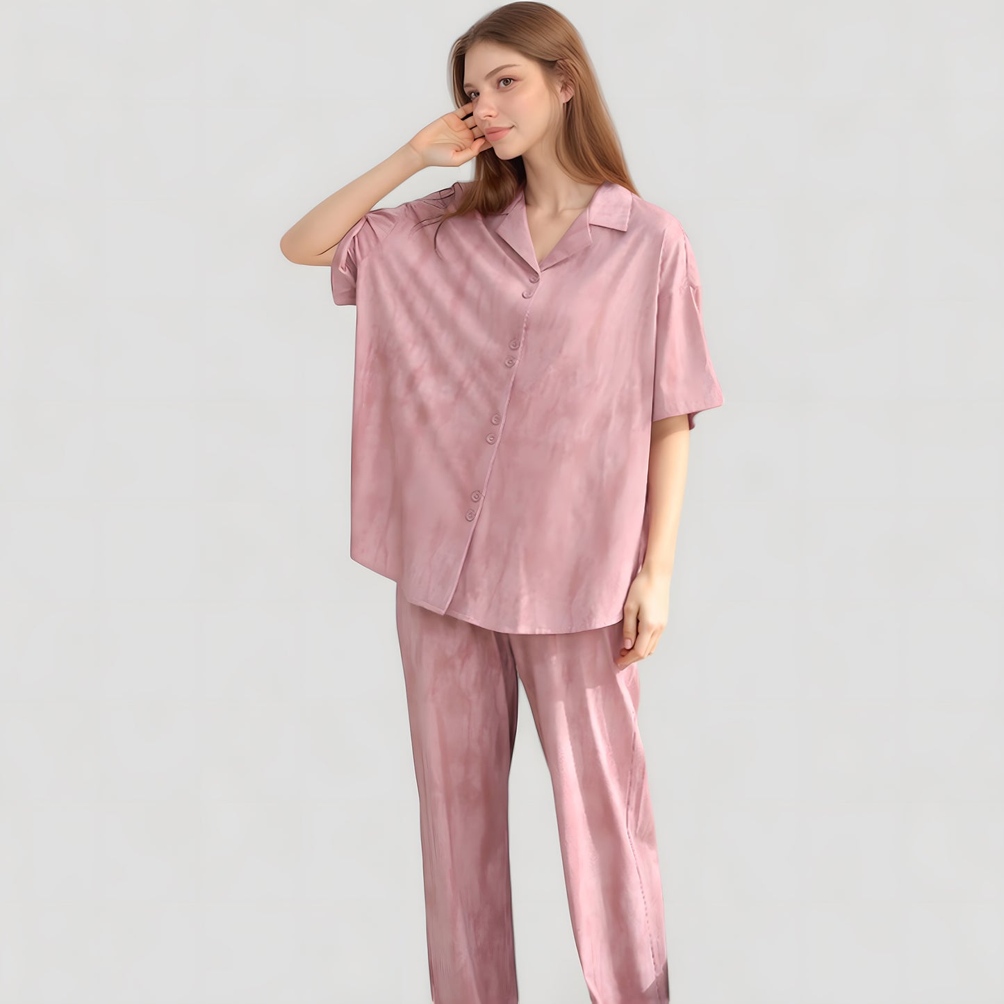 Anna-Kaci Lounge Women's Satin Pajama Set with Short Sleeve Button-Up Top and Wide Leg Pants
