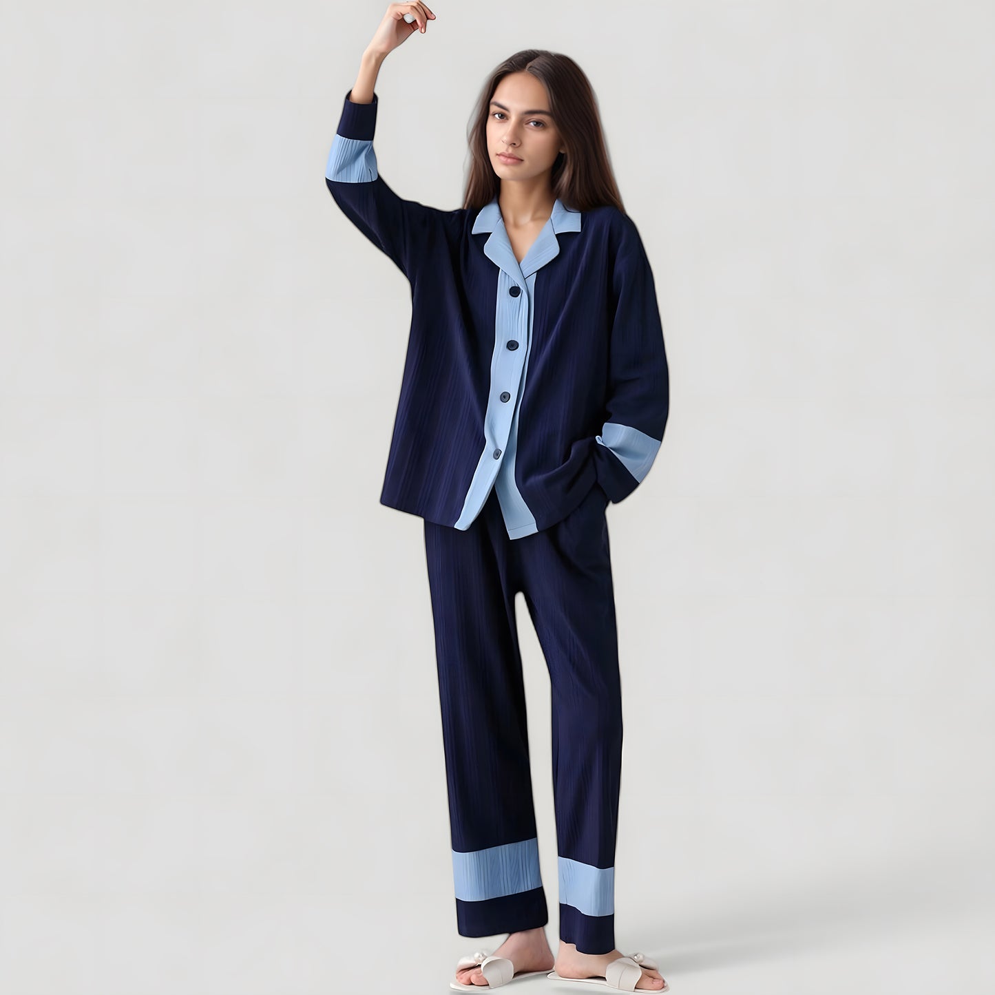 Anna-Kaci Lounge Women's Colorblock Pajama Set with Contrast Trim Long Sleeve Button Top and Straight Leg Pants