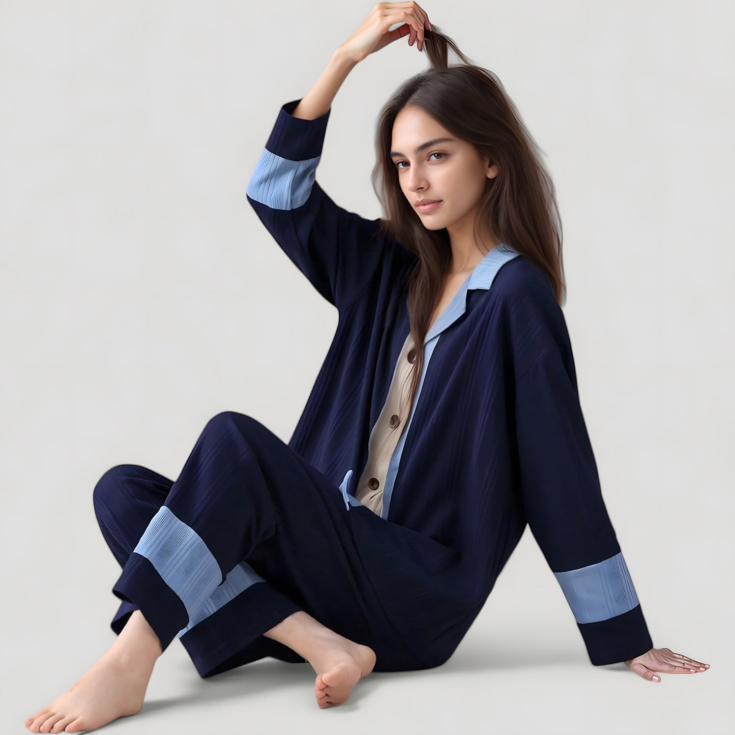 Anna-Kaci Lounge Women's Colorblock Pajama Set with Contrast Trim Long Sleeve Button Top and Straight Leg Pants