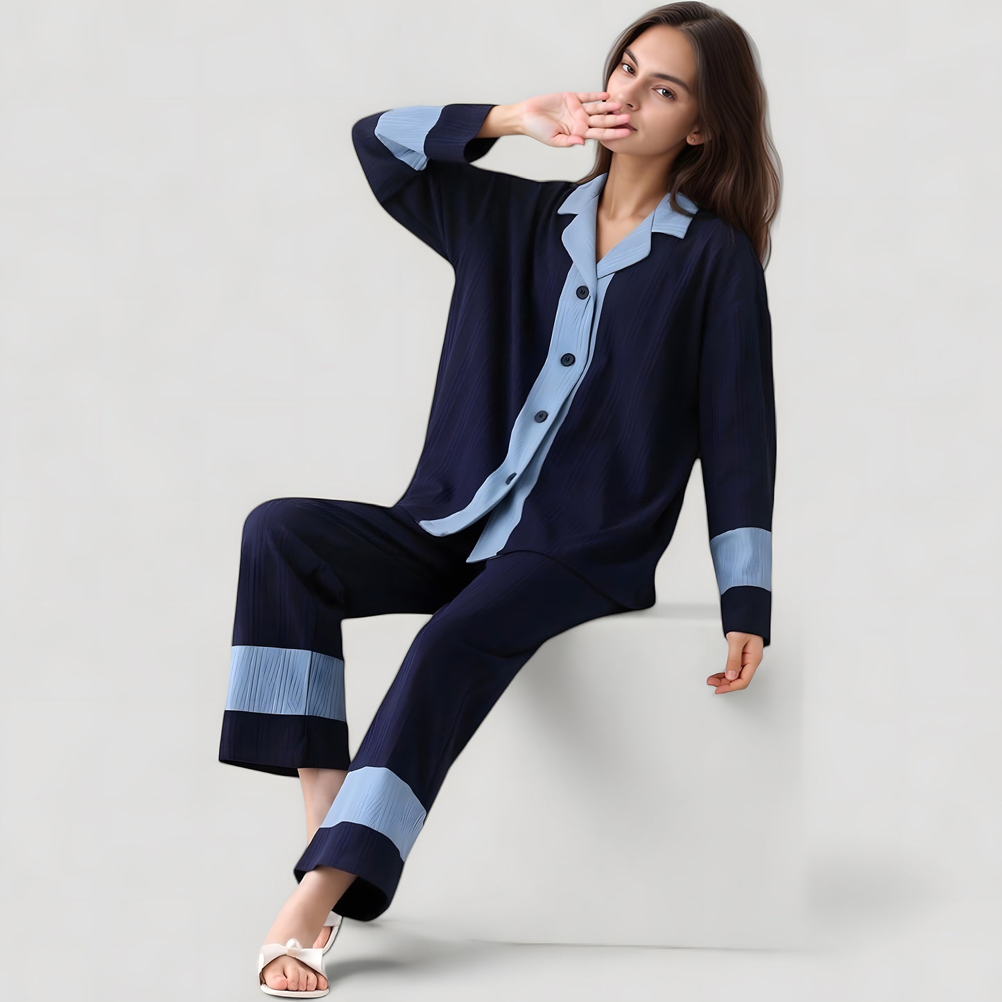 Anna-Kaci Lounge Women's Colorblock Pajama Set with Contrast Trim Long Sleeve Button Top and Straight Leg Pants