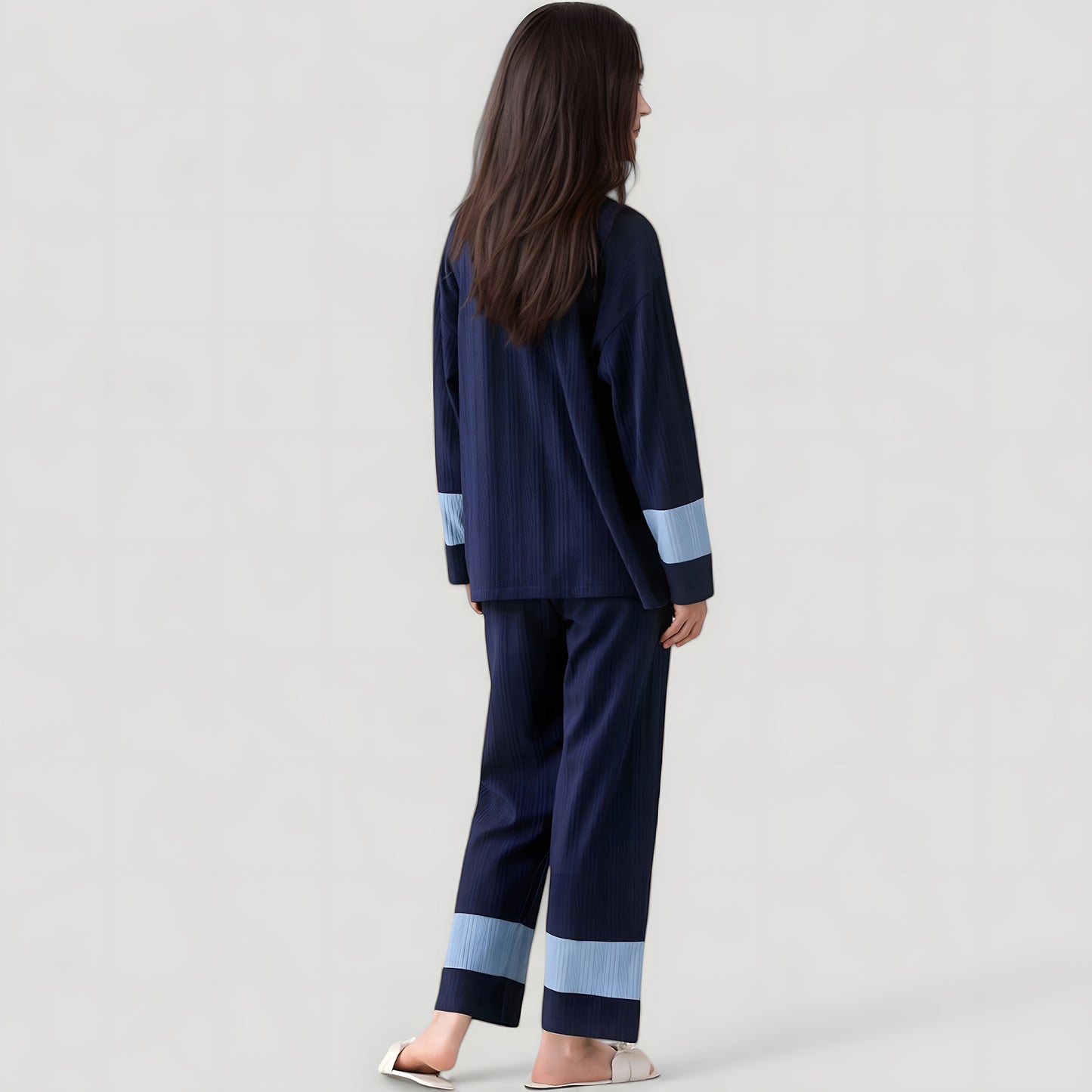 Anna-Kaci Lounge Women's Colorblock Pajama Set with Contrast Trim Long Sleeve Button Top and Straight Leg Pants