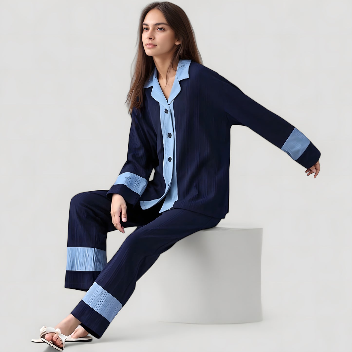 Anna-Kaci Lounge Women's Colorblock Pajama Set with Contrast Trim Long Sleeve Button Top and Straight Leg Pants