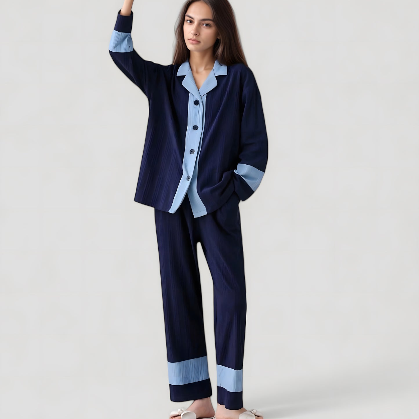 Anna-Kaci Lounge Women's Colorblock Pajama Set with Contrast Trim Long Sleeve Button Top and Straight Leg Pants