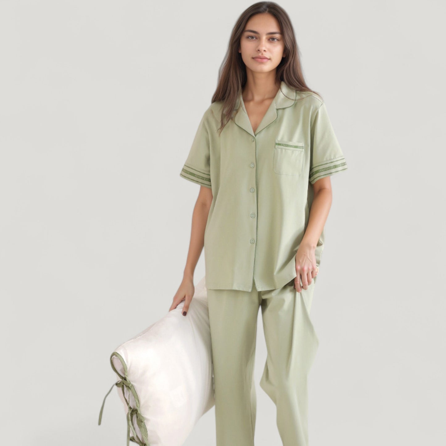 Anna-Kaci Lounge Women's Solid Pajama Set with Contrast Stripe Trim Short Sleeve Top and Matching Lounge Pants