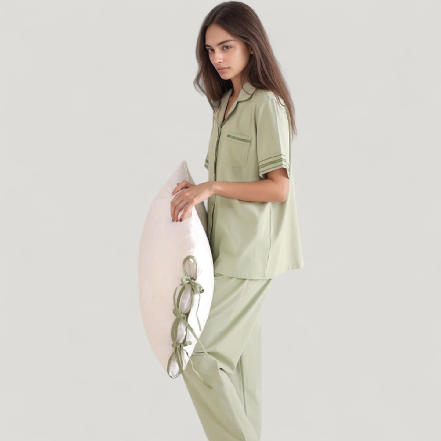Anna-Kaci Lounge Women's Solid Pajama Set with Contrast Stripe Trim Short Sleeve Top and Matching Lounge Pants