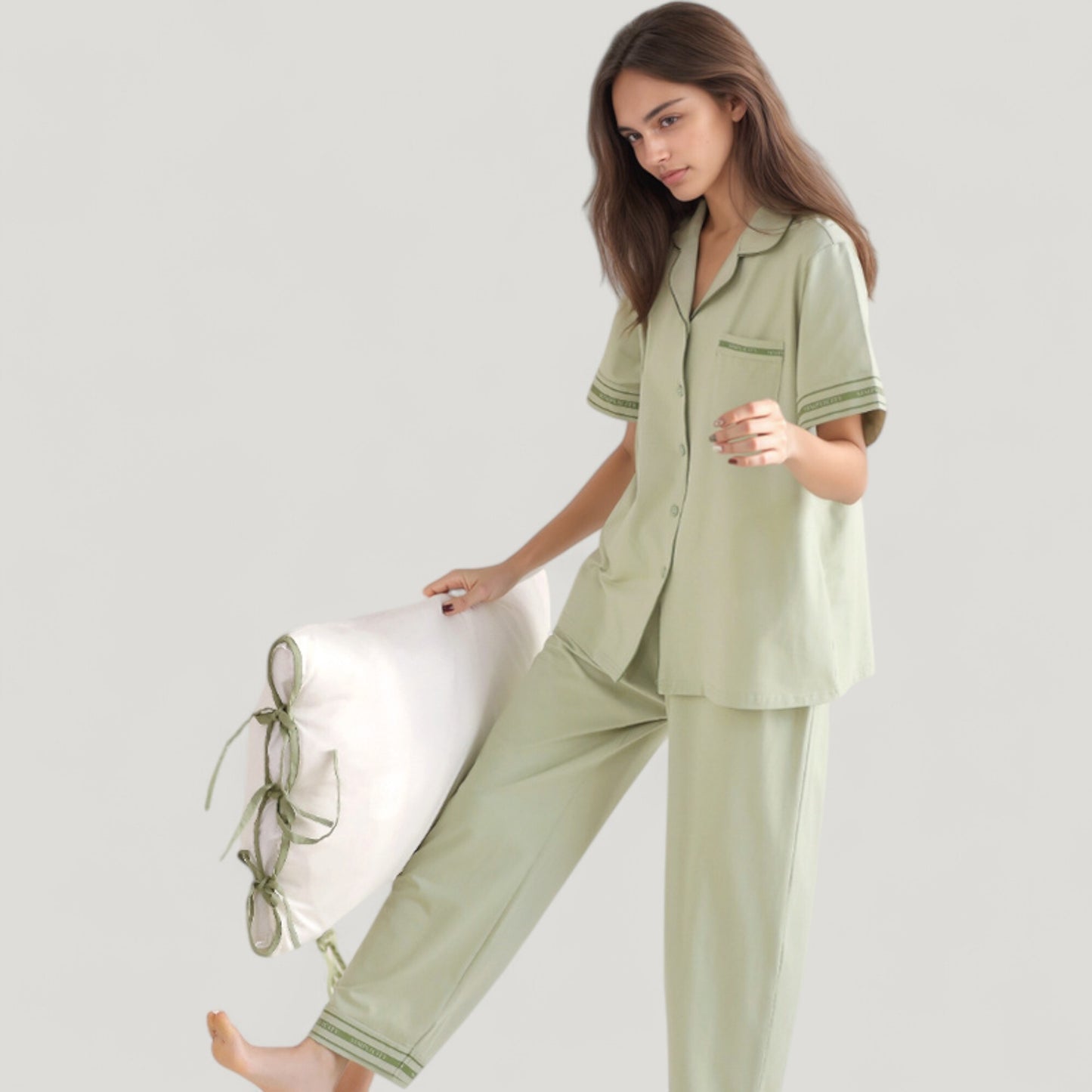 Anna-Kaci Lounge Women's Solid Pajama Set with Contrast Stripe Trim Short Sleeve Top and Matching Lounge Pants