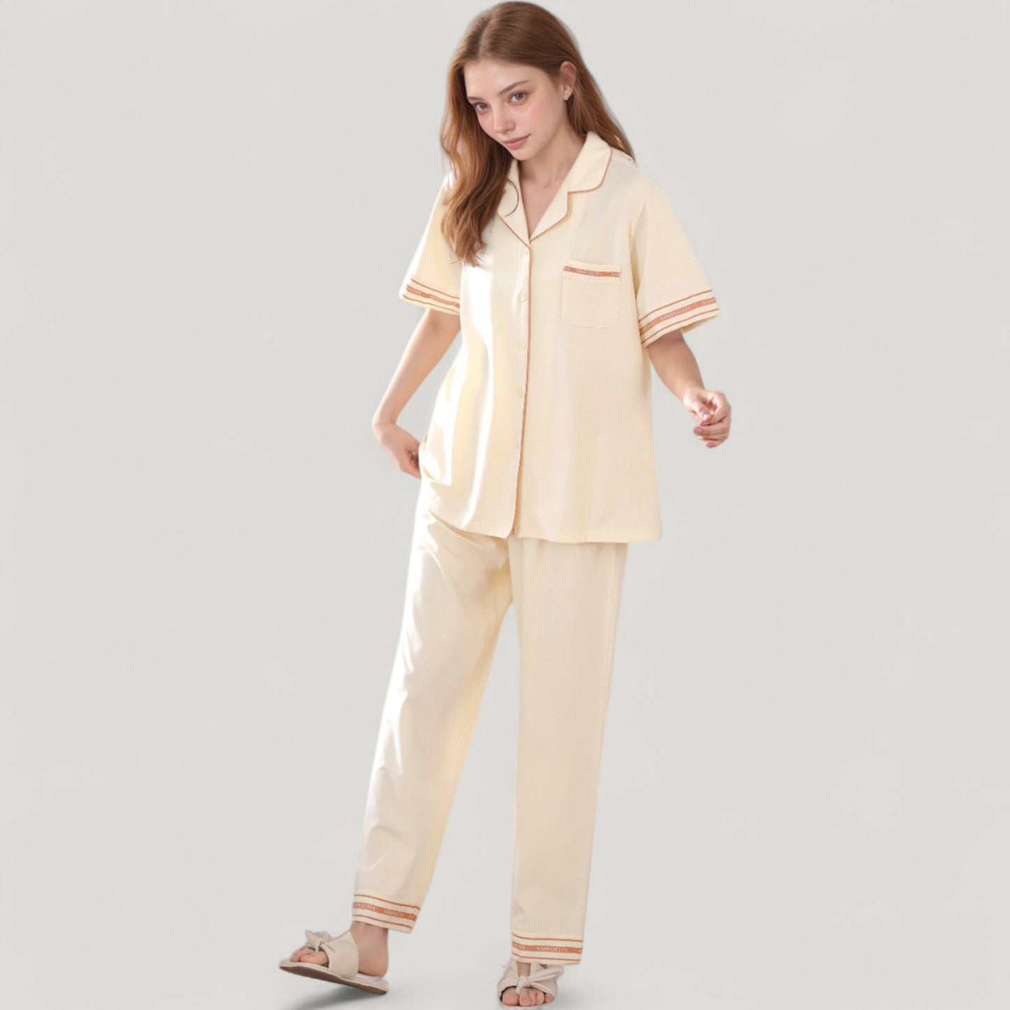 Anna-Kaci Lounge Women's Solid Pajama Set with Contrast Stripe Trim Short Sleeve Top and Matching Lounge Pants