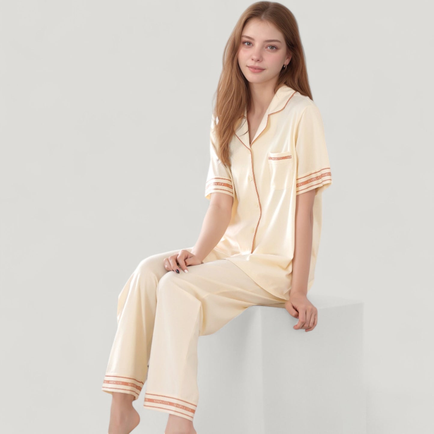 Anna-Kaci Lounge Women's Solid Pajama Set with Contrast Stripe Trim Short Sleeve Top and Matching Lounge Pants