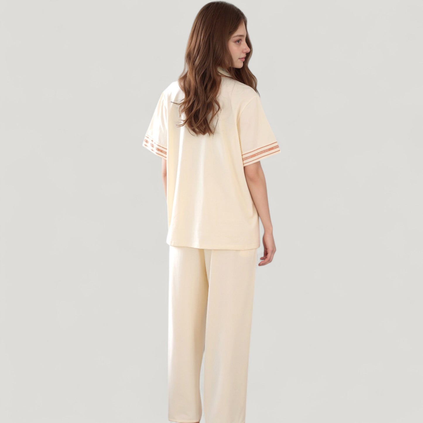 Anna-Kaci Lounge Women's Solid Pajama Set with Contrast Stripe Trim Short Sleeve Top and Matching Lounge Pants