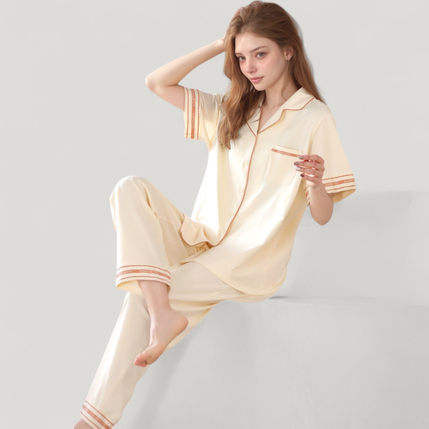 Anna-Kaci Lounge Women's Solid Pajama Set with Contrast Stripe Trim Short Sleeve Top and Matching Lounge Pants