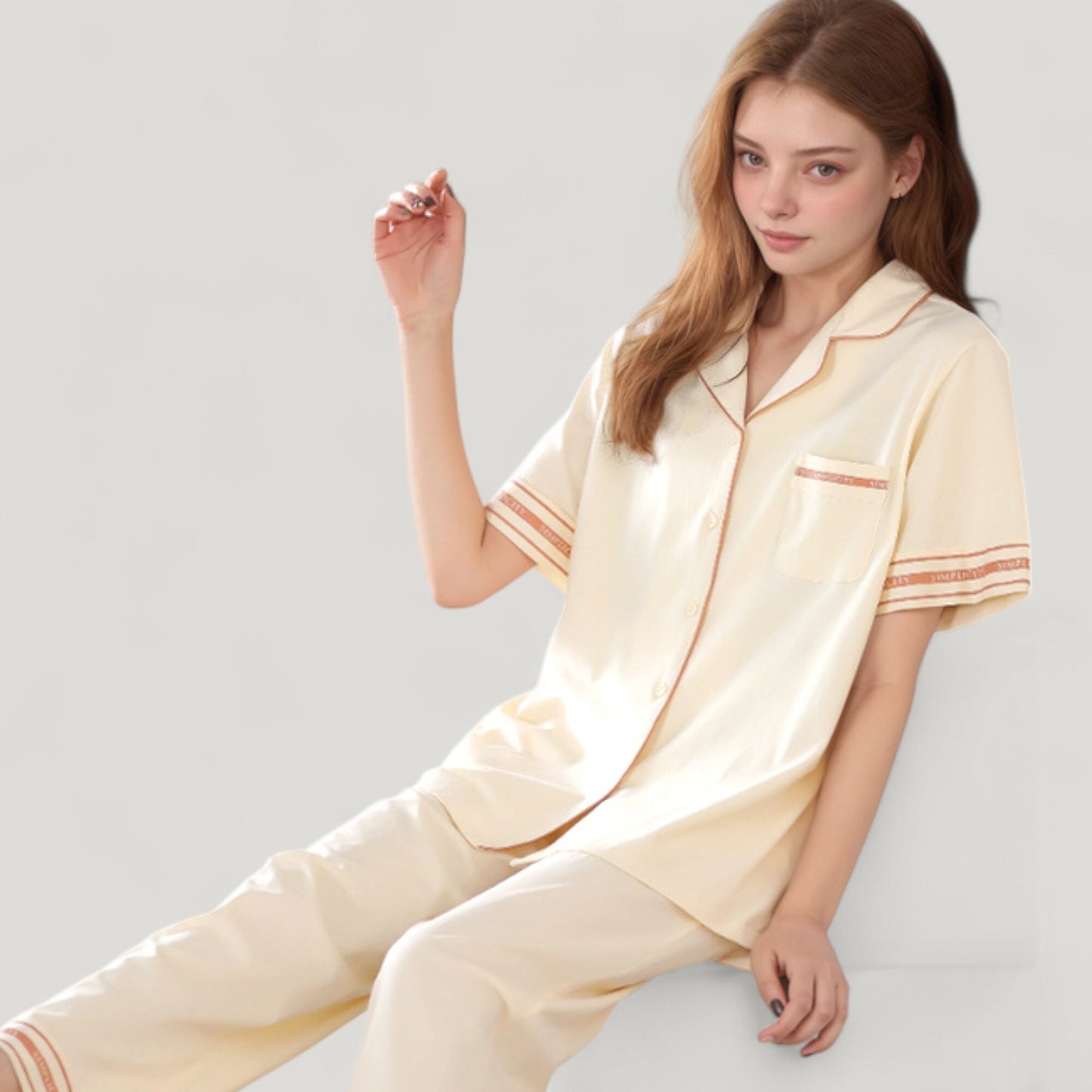 Anna-Kaci Lounge Women's Solid Pajama Set with Contrast Stripe Trim Short Sleeve Top and Matching Lounge Pants