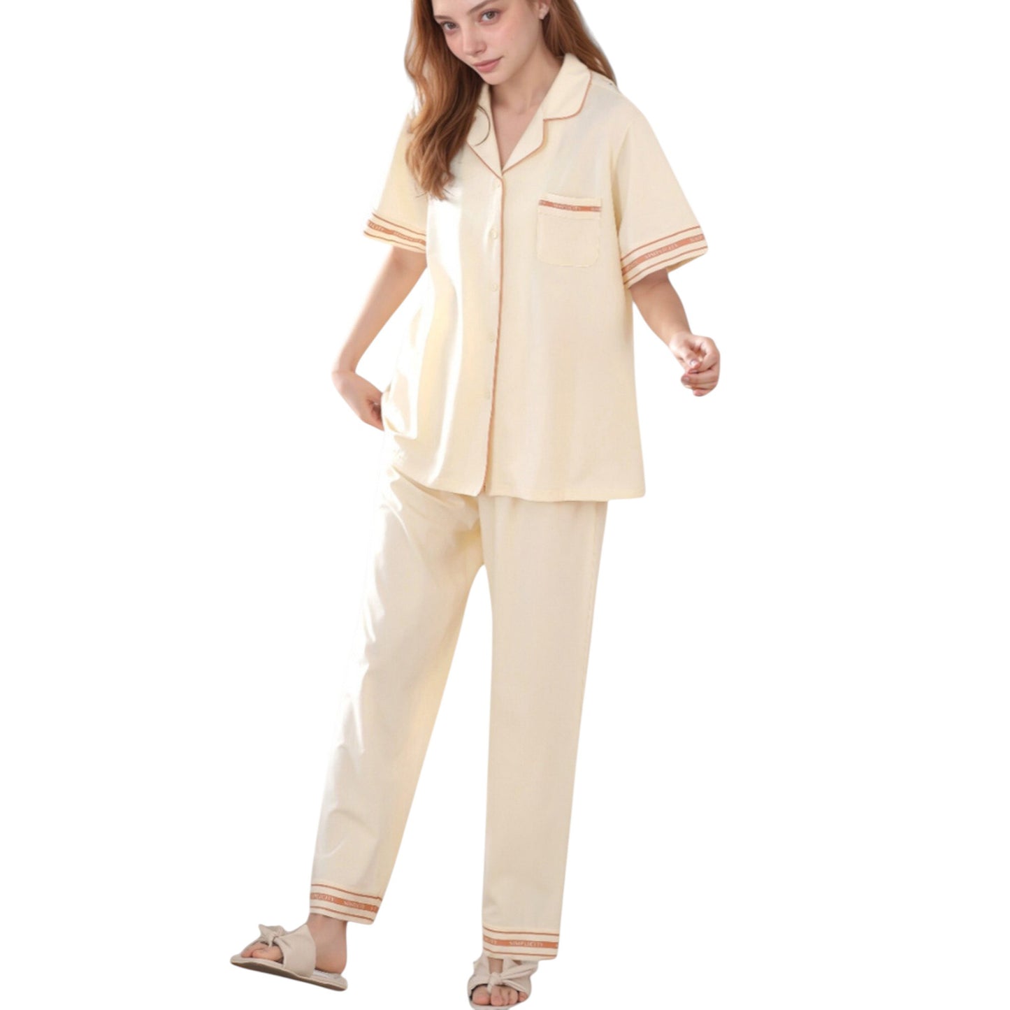Anna-Kaci Lounge Women's Solid Pajama Set with Contrast Stripe Trim Short Sleeve Top and Matching Lounge Pants