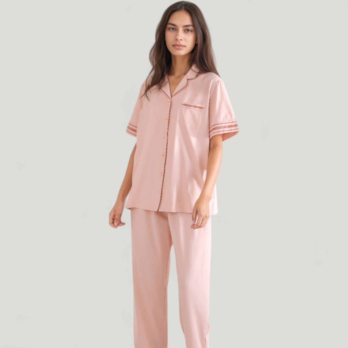 Anna-Kaci Lounge Women's Solid Pajama Set with Contrast Stripe Trim Short Sleeve Top and Matching Lounge Pants