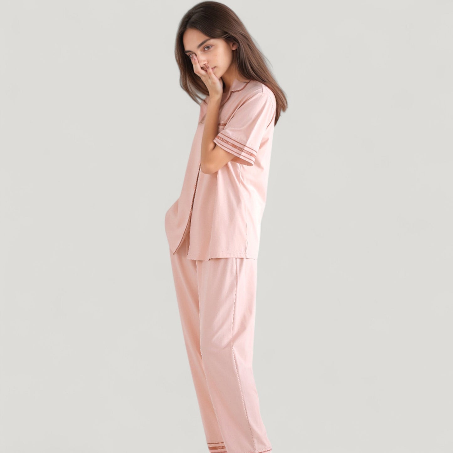 Anna-Kaci Lounge Women's Solid Pajama Set with Contrast Stripe Trim Short Sleeve Top and Matching Lounge Pants
