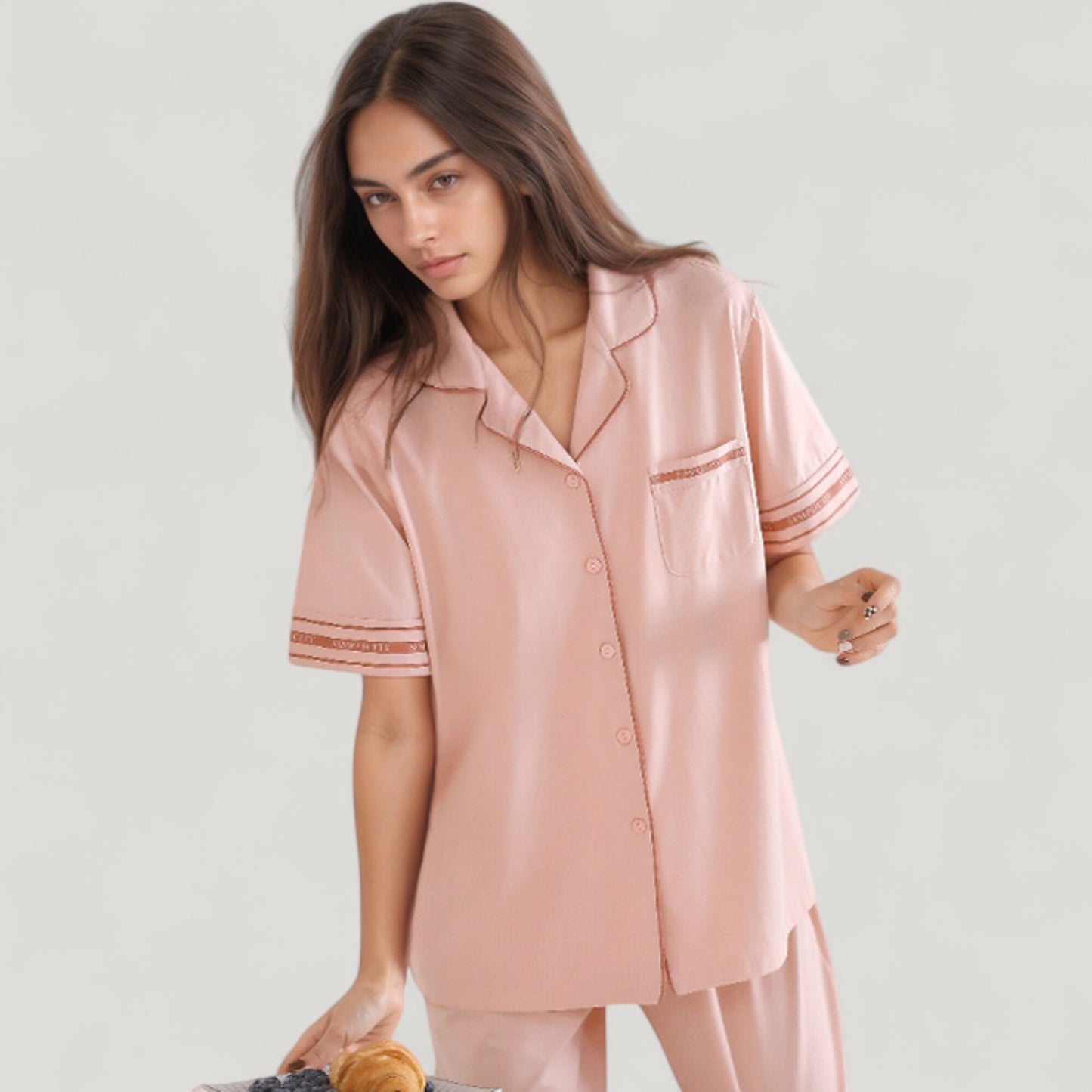 Anna-Kaci Lounge Women's Solid Pajama Set with Contrast Stripe Trim Short Sleeve Top and Matching Lounge Pants