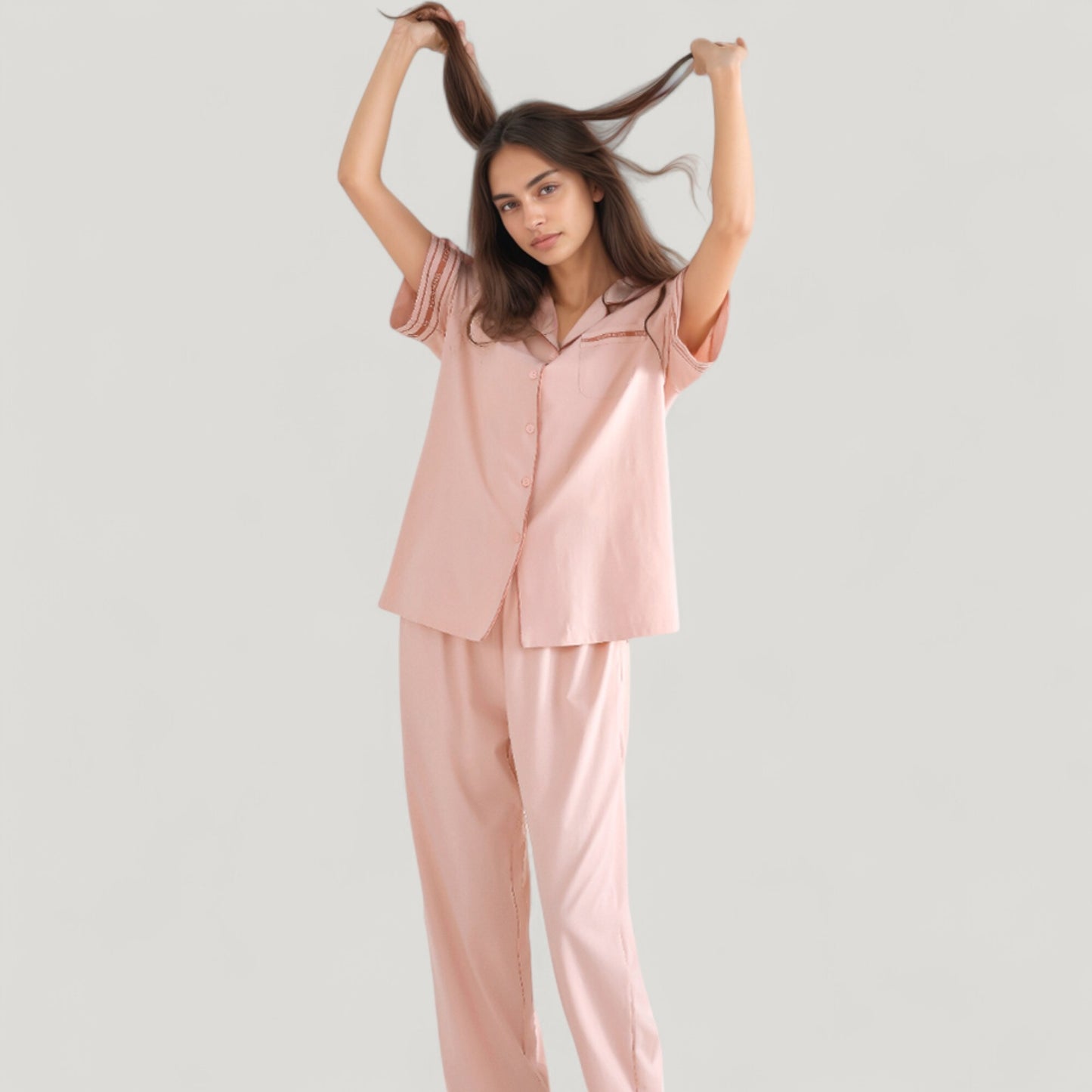 Anna-Kaci Lounge Women's Solid Pajama Set with Contrast Stripe Trim Short Sleeve Top and Matching Lounge Pants