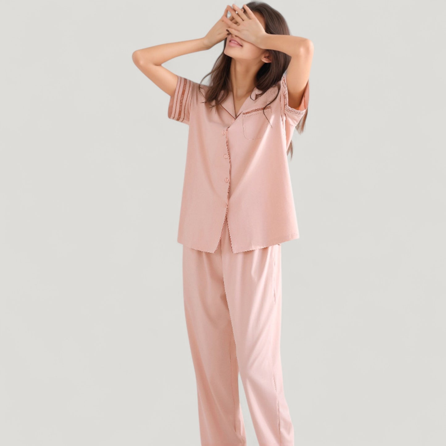Anna-Kaci Lounge Women's Solid Pajama Set with Contrast Stripe Trim Short Sleeve Top and Matching Lounge Pants