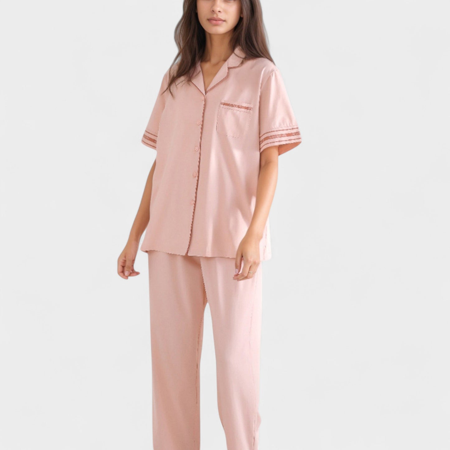 Anna-Kaci Lounge Women's Solid Pajama Set with Contrast Stripe Trim Short Sleeve Top and Matching Lounge Pants