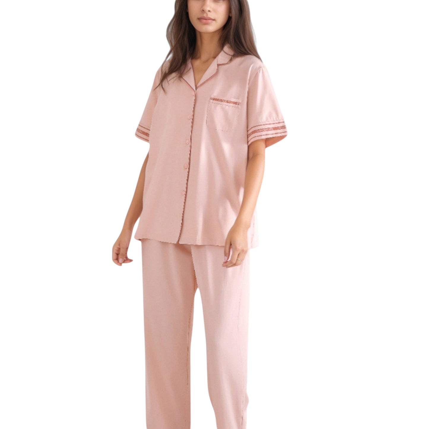 Anna-Kaci Lounge Women's Solid Pajama Set with Contrast Stripe Trim Short Sleeve Top and Matching Lounge Pants