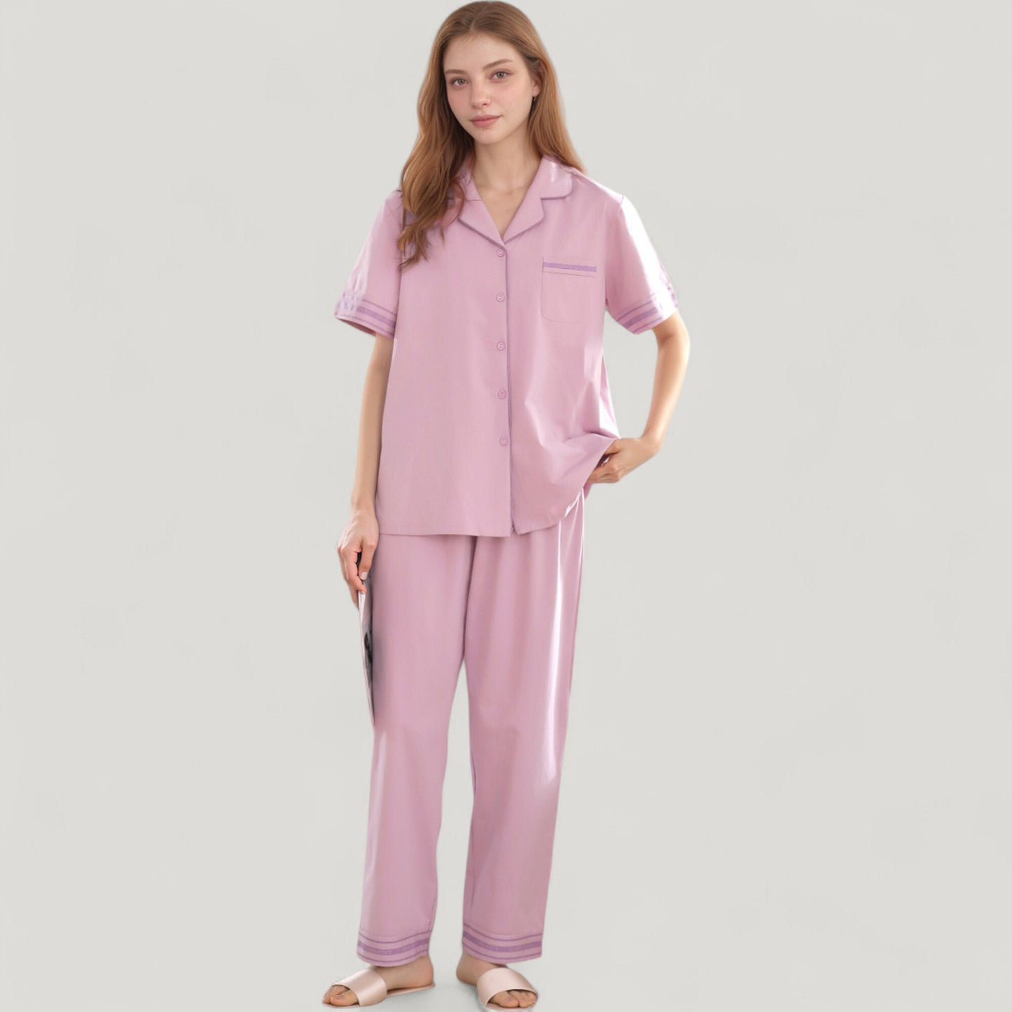 Anna-Kaci Lounge Women's Solid Pajama Set with Contrast Stripe Trim Short Sleeve Top and Matching Lounge Pants