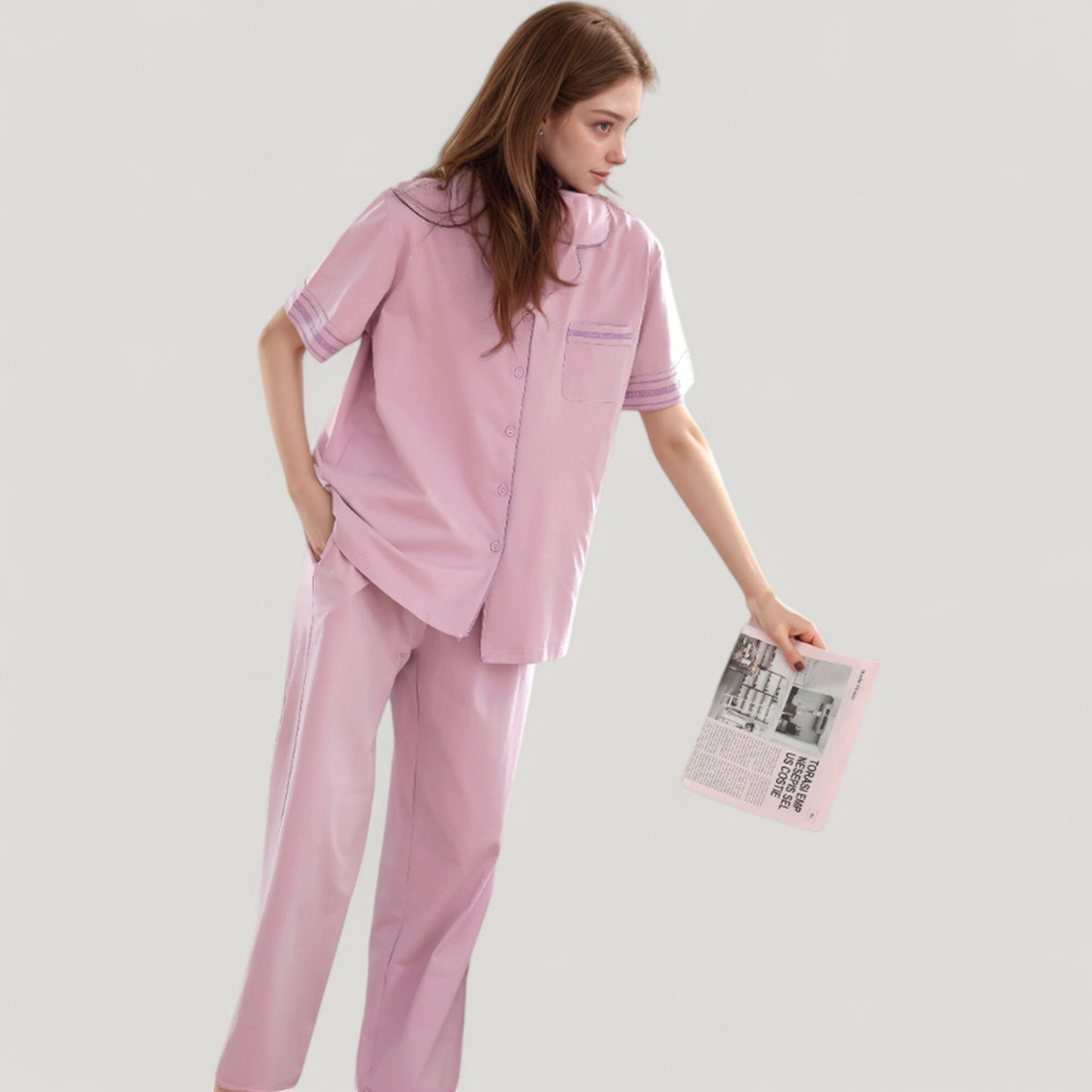 Anna-Kaci Lounge Women's Solid Pajama Set with Contrast Stripe Trim Short Sleeve Top and Matching Lounge Pants