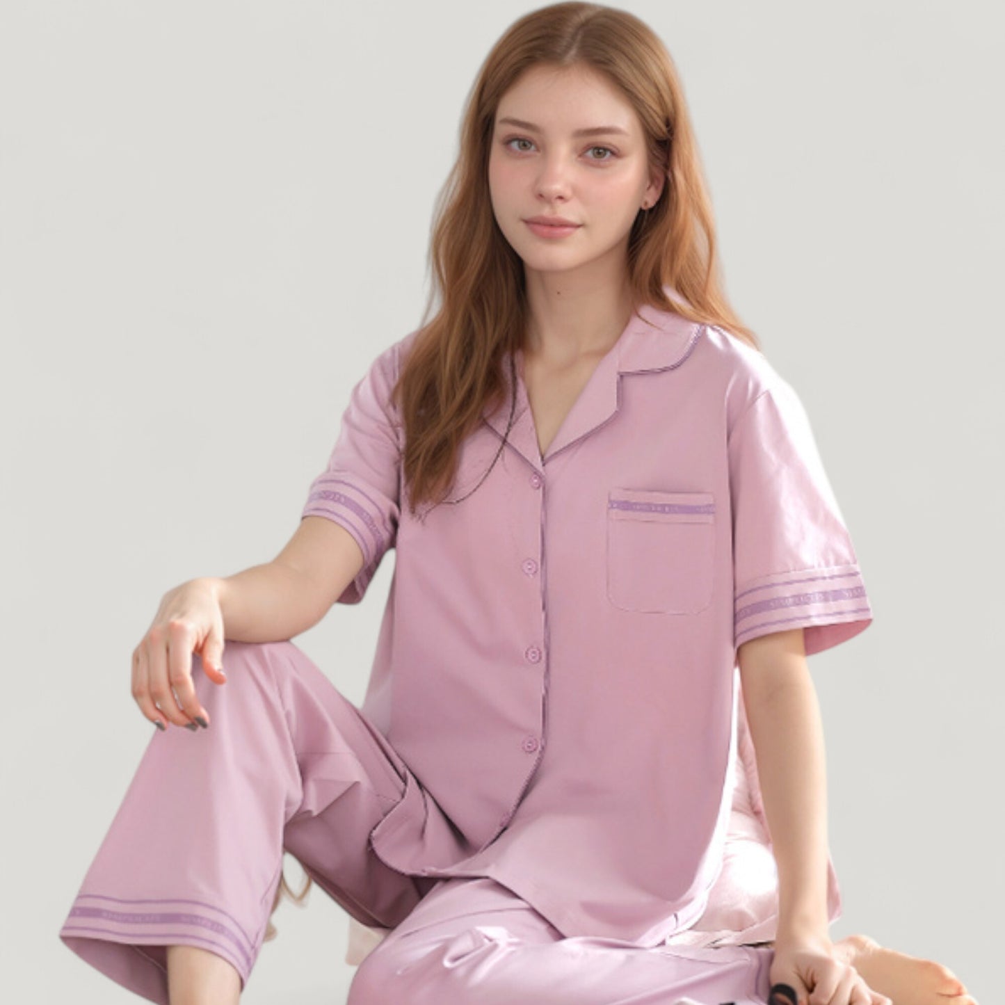 Anna-Kaci Lounge Women's Solid Pajama Set with Contrast Stripe Trim Short Sleeve Top and Matching Lounge Pants