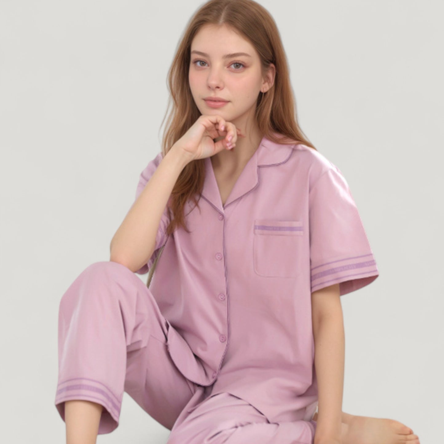 Anna-Kaci Lounge Women's Solid Pajama Set with Contrast Stripe Trim Short Sleeve Top and Matching Lounge Pants