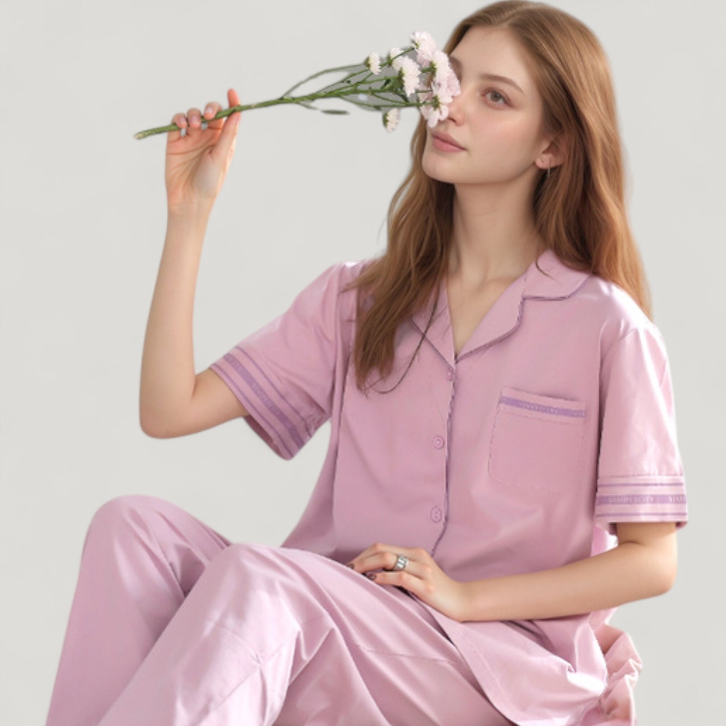 Anna-Kaci Lounge Women's Solid Pajama Set with Contrast Stripe Trim Short Sleeve Top and Matching Lounge Pants