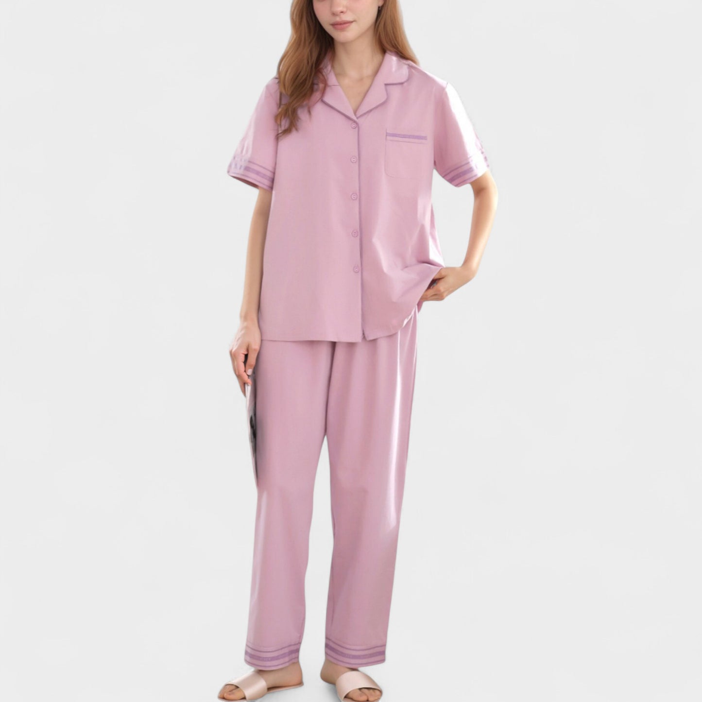 Anna-Kaci Lounge Women's Solid Pajama Set with Contrast Stripe Trim Short Sleeve Top and Matching Lounge Pants