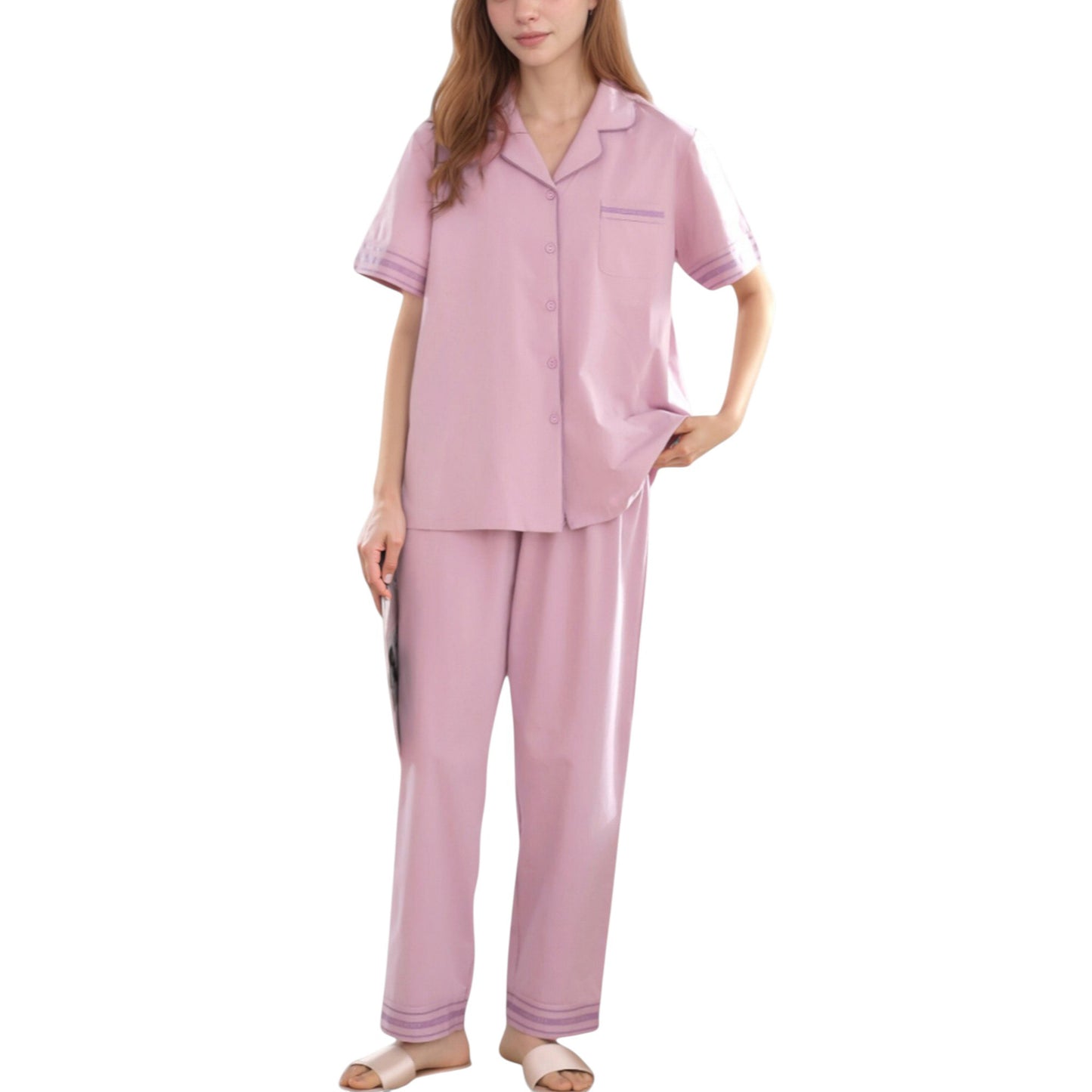 Anna-Kaci Lounge Women's Solid Pajama Set with Contrast Stripe Trim Short Sleeve Top and Matching Lounge Pants