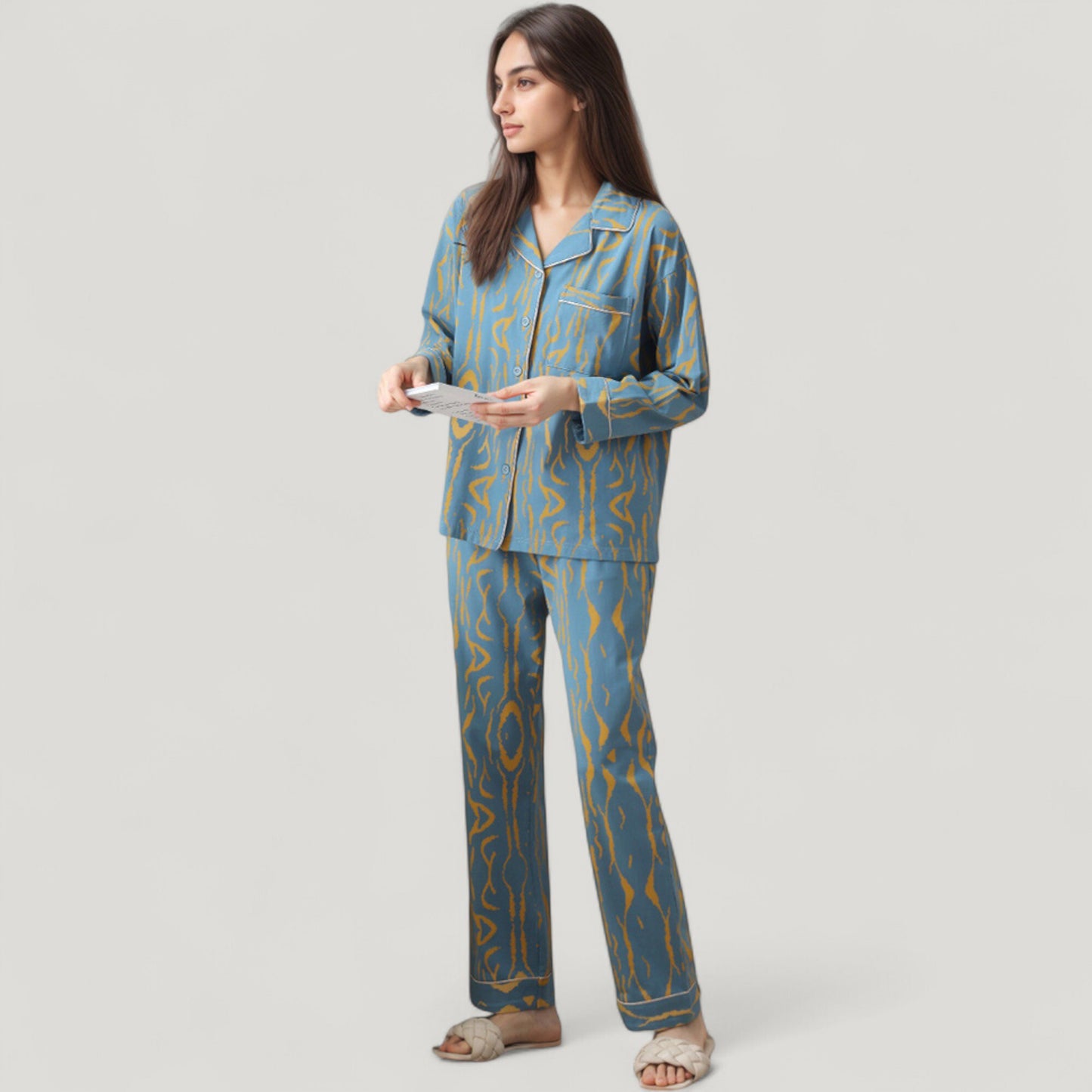 Anna-Kaci Lounge Women's Abstract Pattern Pajama Set Long Sleeve Button Front Top with Matching Relaxed Fit Lounge Pants