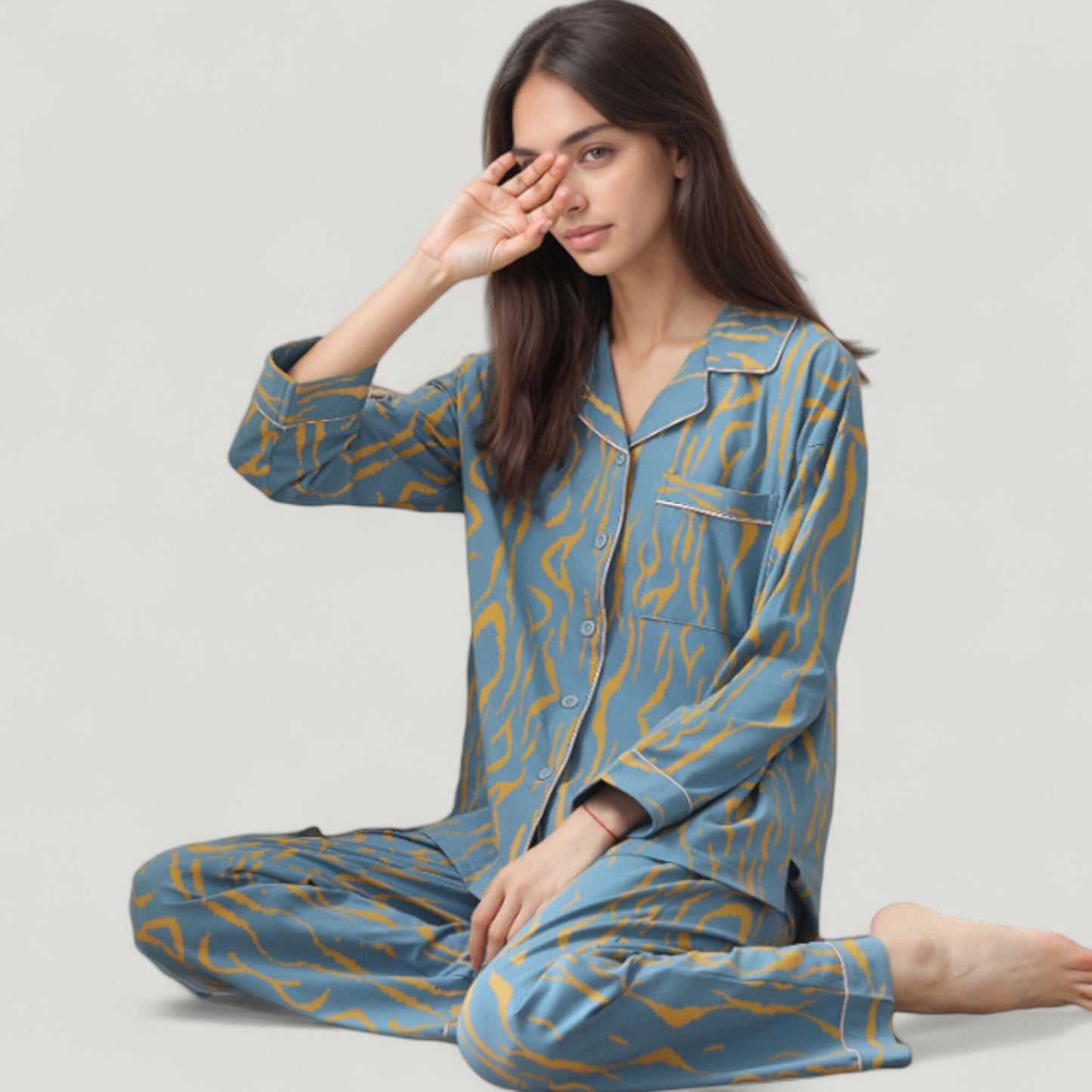 Anna-Kaci Lounge Women's Abstract Pattern Pajama Set Long Sleeve Button Front Top with Matching Relaxed Fit Lounge Pants