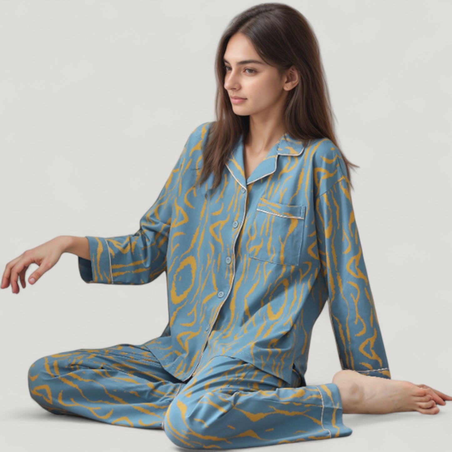 Anna-Kaci Lounge Women's Abstract Pattern Pajama Set Long Sleeve Button Front Top with Matching Relaxed Fit Lounge Pants