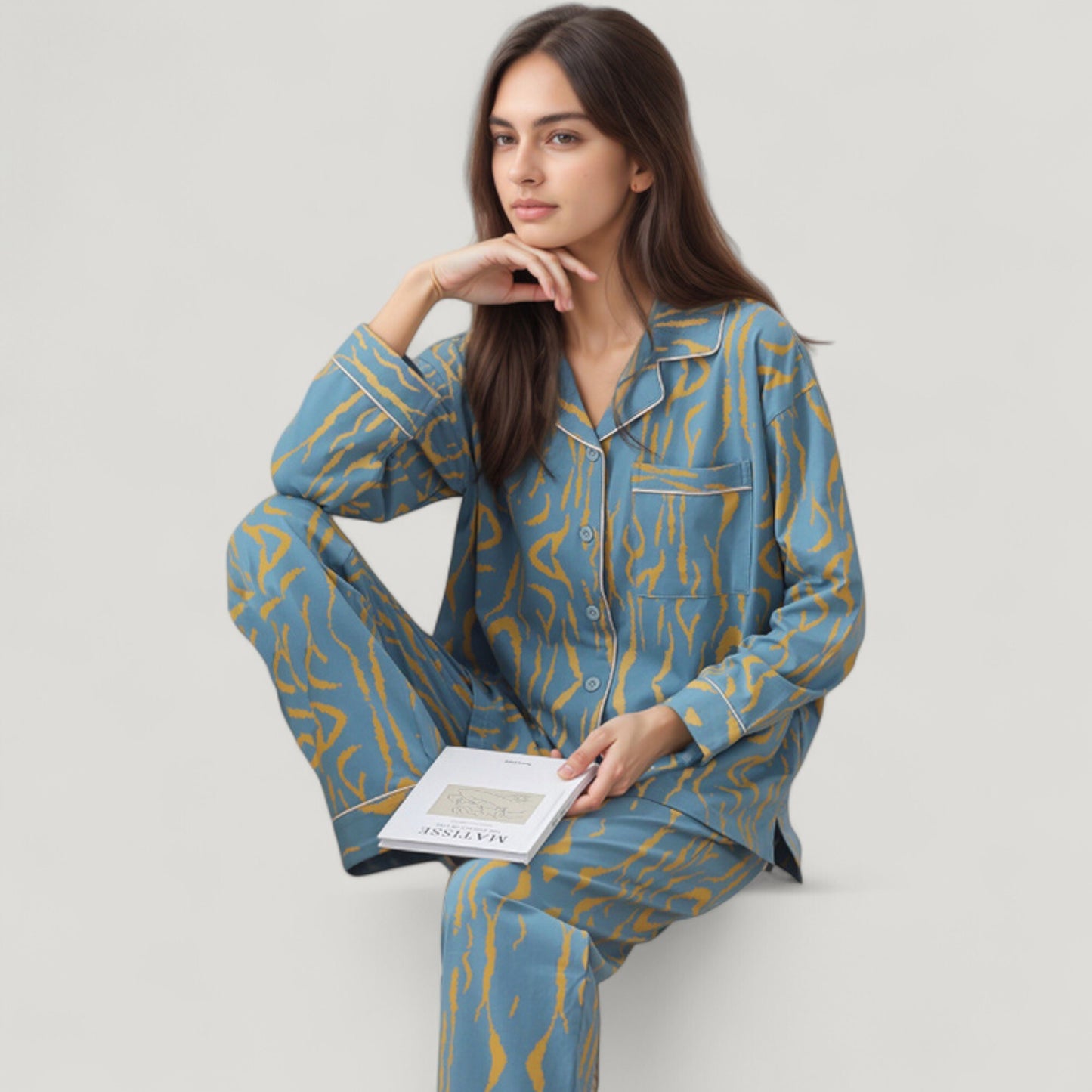 Anna-Kaci Lounge Women's Abstract Pattern Pajama Set Long Sleeve Button Front Top with Matching Relaxed Fit Lounge Pants
