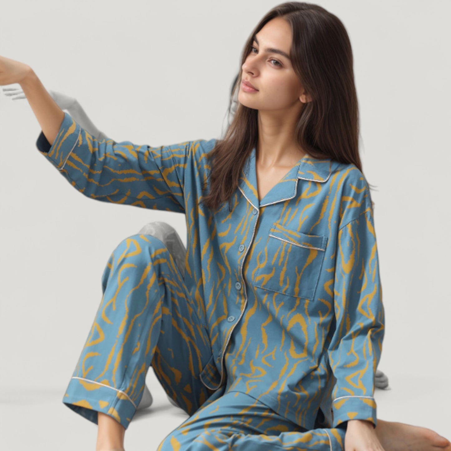 Anna-Kaci Lounge Women's Abstract Pattern Pajama Set Long Sleeve Button Front Top with Matching Relaxed Fit Lounge Pants
