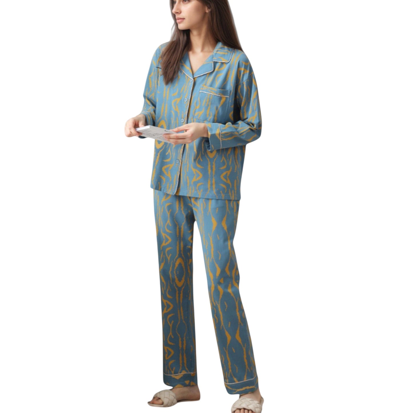 Anna-Kaci Lounge Women's Abstract Pattern Pajama Set Long Sleeve Button Front Top with Matching Relaxed Fit Lounge Pants