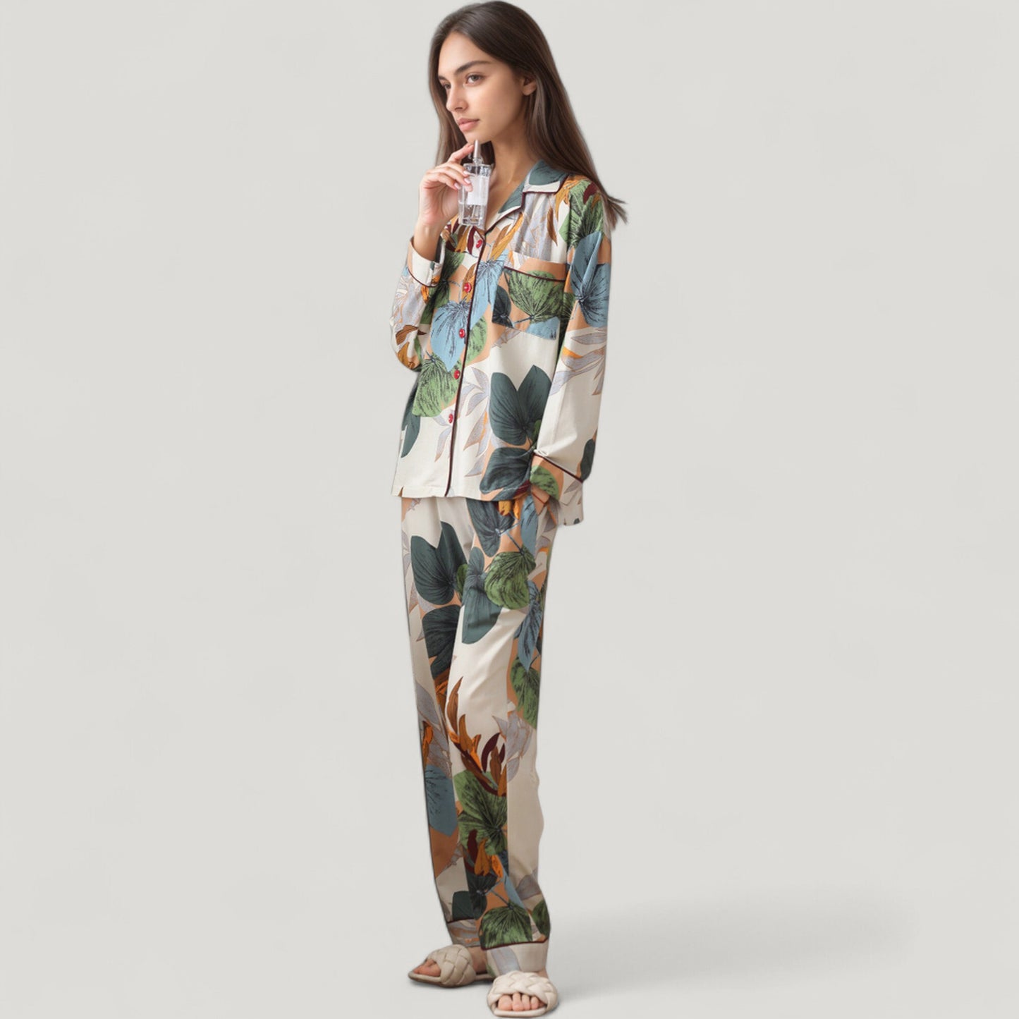 Anna-Kaci Lounge Women's Abstract Pattern Pajama Set Long Sleeve Button Front Top with Matching Relaxed Fit Lounge Pants