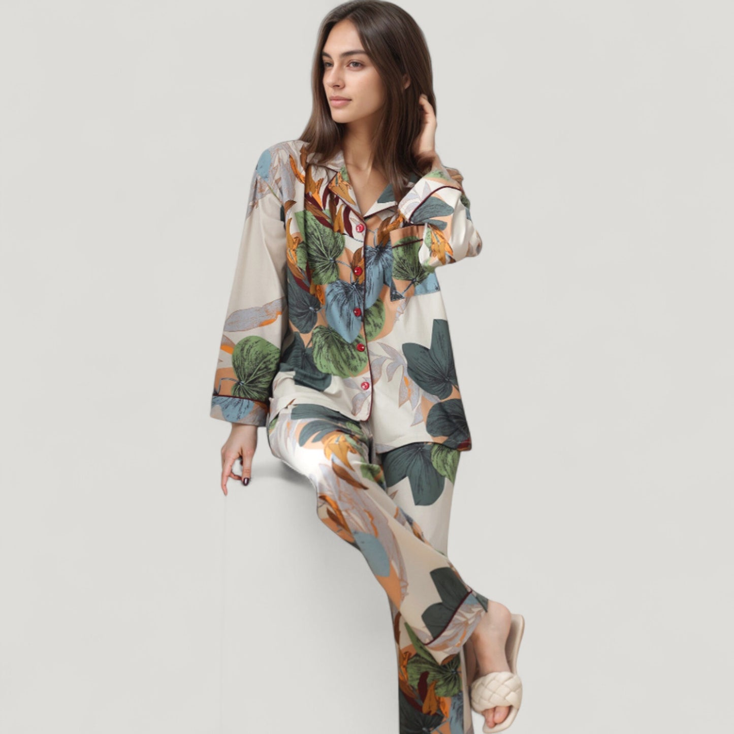 Anna-Kaci Lounge Women's Abstract Pattern Pajama Set Long Sleeve Button Front Top with Matching Relaxed Fit Lounge Pants