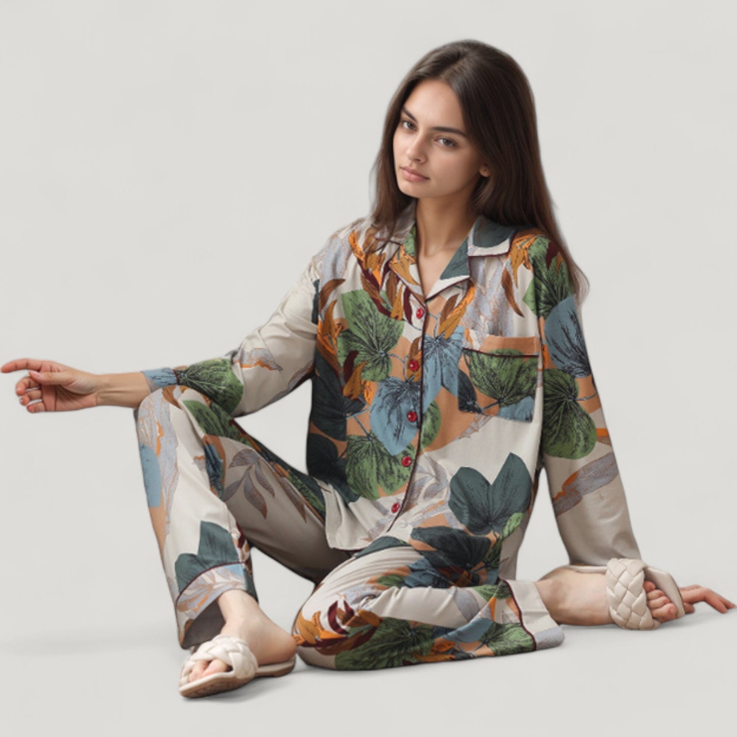 Anna-Kaci Lounge Women's Abstract Pattern Pajama Set Long Sleeve Button Front Top with Matching Relaxed Fit Lounge Pants