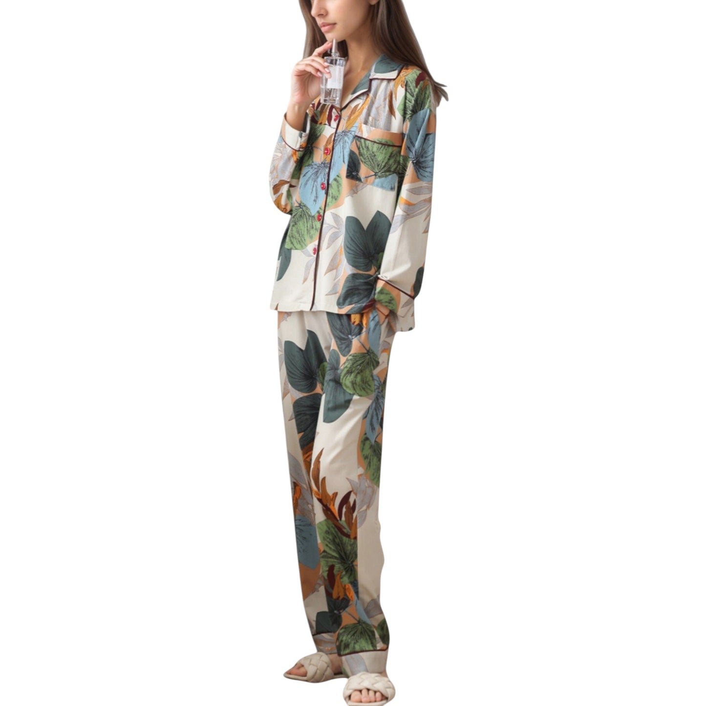 Anna-Kaci Lounge Women's Abstract Pattern Pajama Set Long Sleeve Button Front Top with Matching Relaxed Fit Lounge Pants