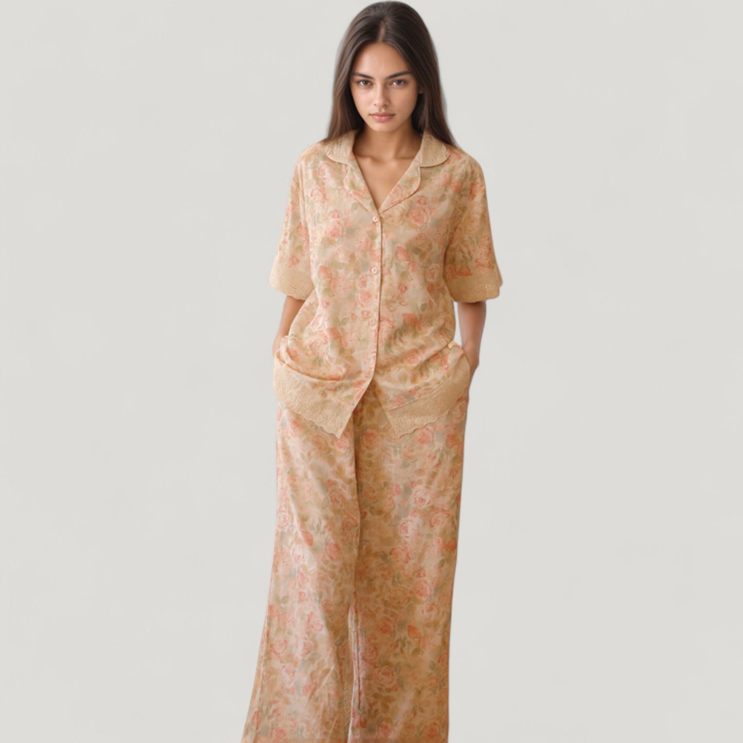 Anna-Kaci Lounge Women's Floral Lace Trim Pajama Set Short Sleeve Button Top with Matching Wide Leg Lounge Pants