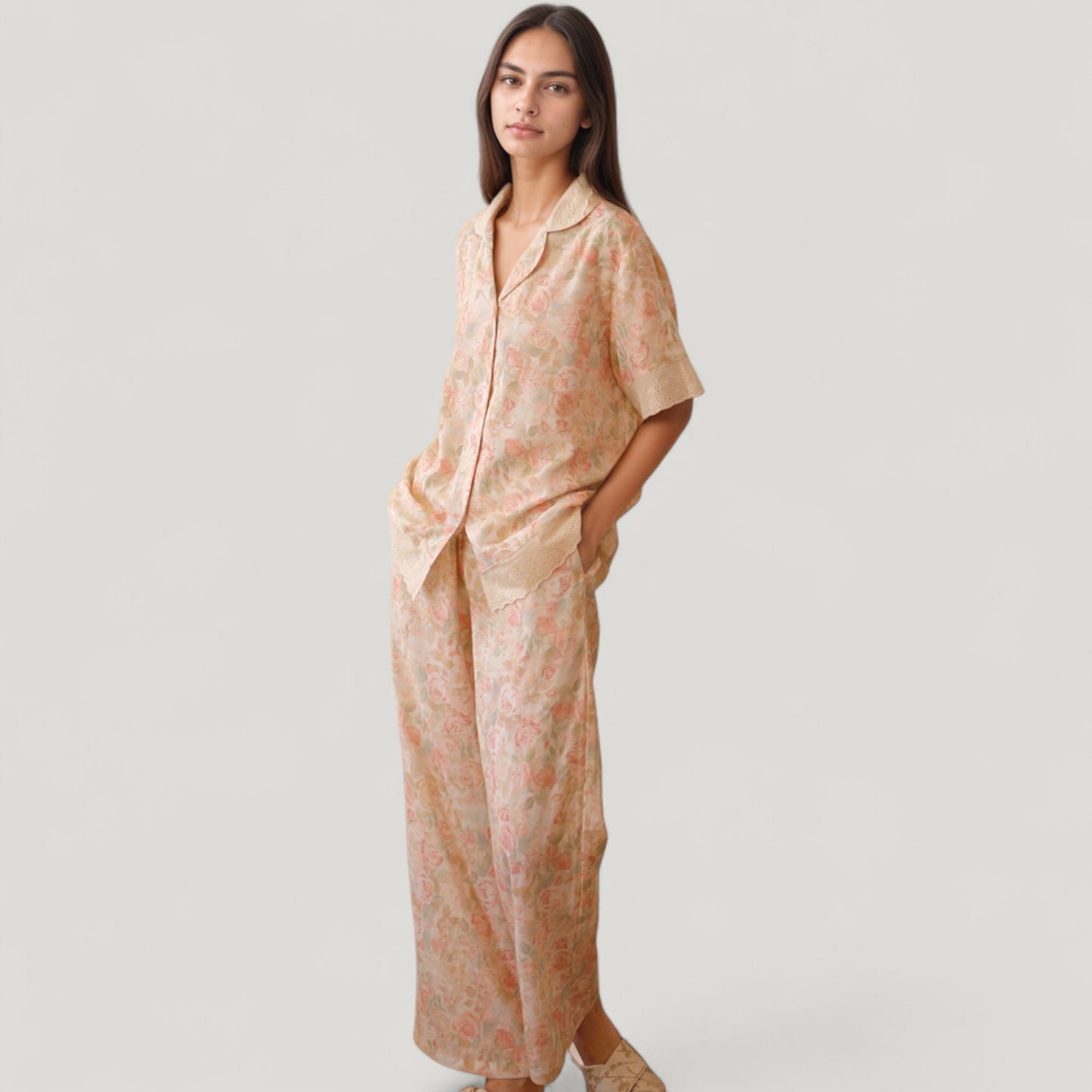 Anna-Kaci Lounge Women's Floral Lace Trim Pajama Set Short Sleeve Button Top with Matching Wide Leg Lounge Pants